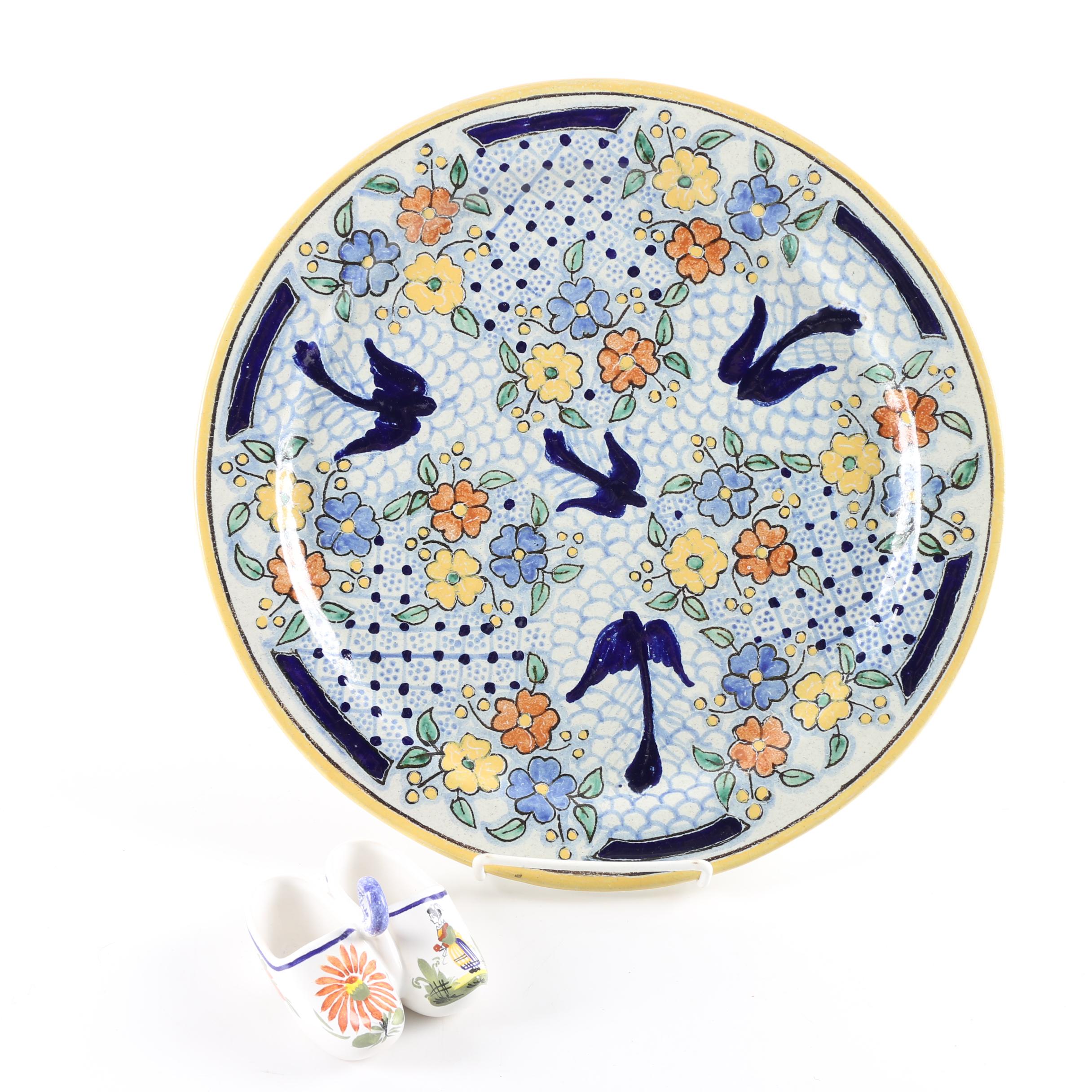 Hand-Painted Mexican Ceramic Plate with French Clog Salt Cellar