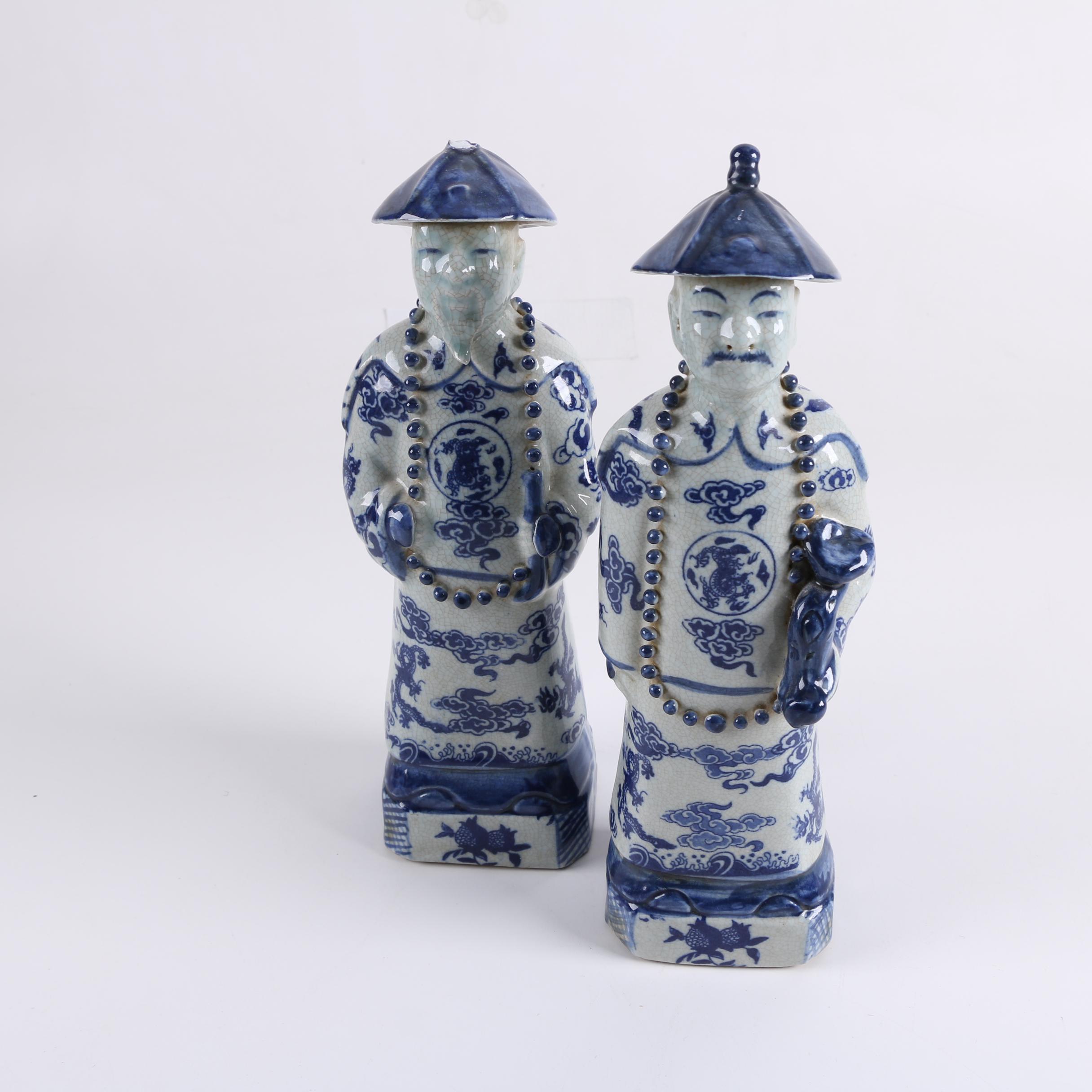 Pair of Chinese Blue and White Ceramic Figurines