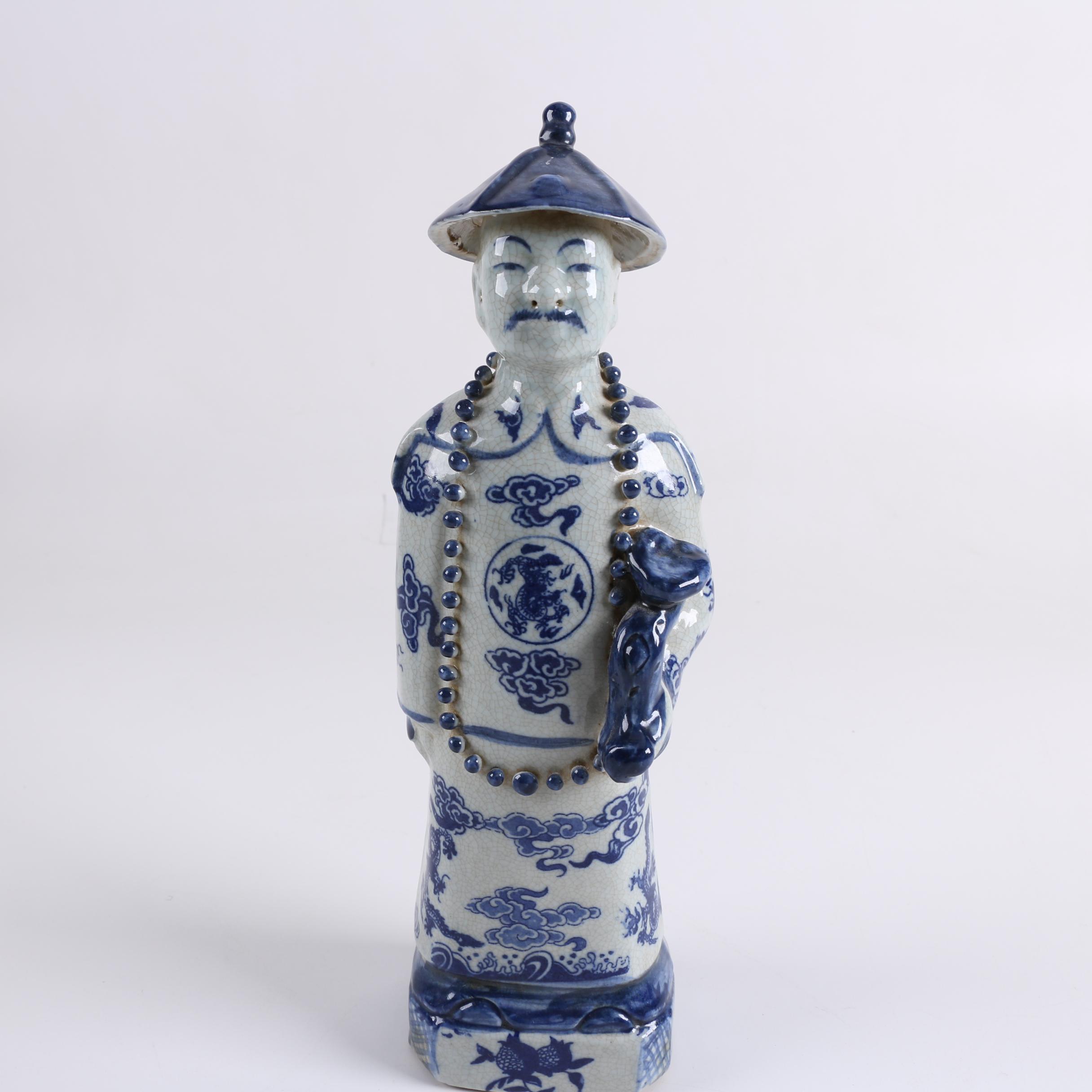 Pair of Chinese Blue and White Ceramic Figurines