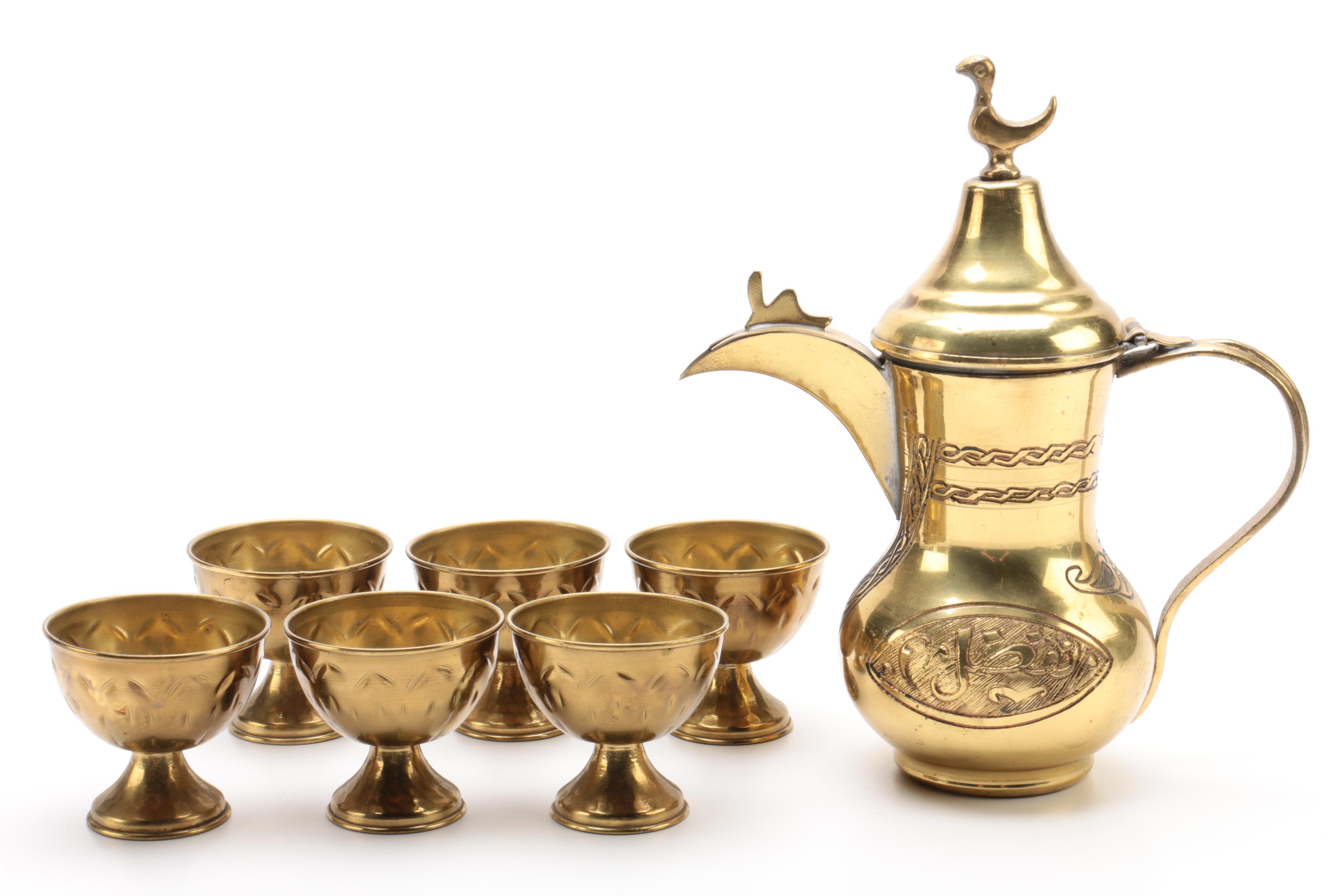 Skander Matter Israeli Brass Tea Set with Wooden Stand