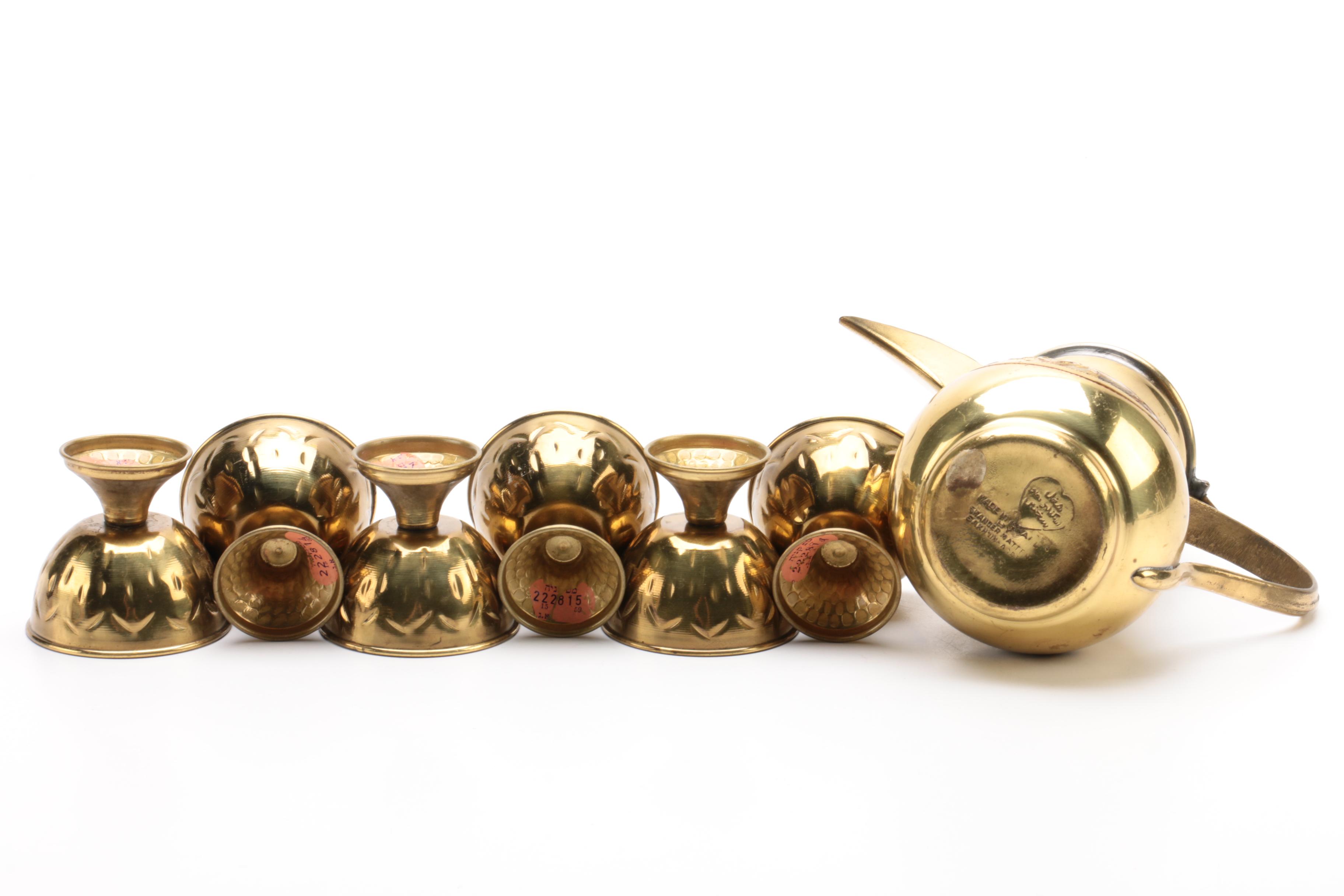 Skander Matter Israeli Brass Tea Set with Wooden Stand