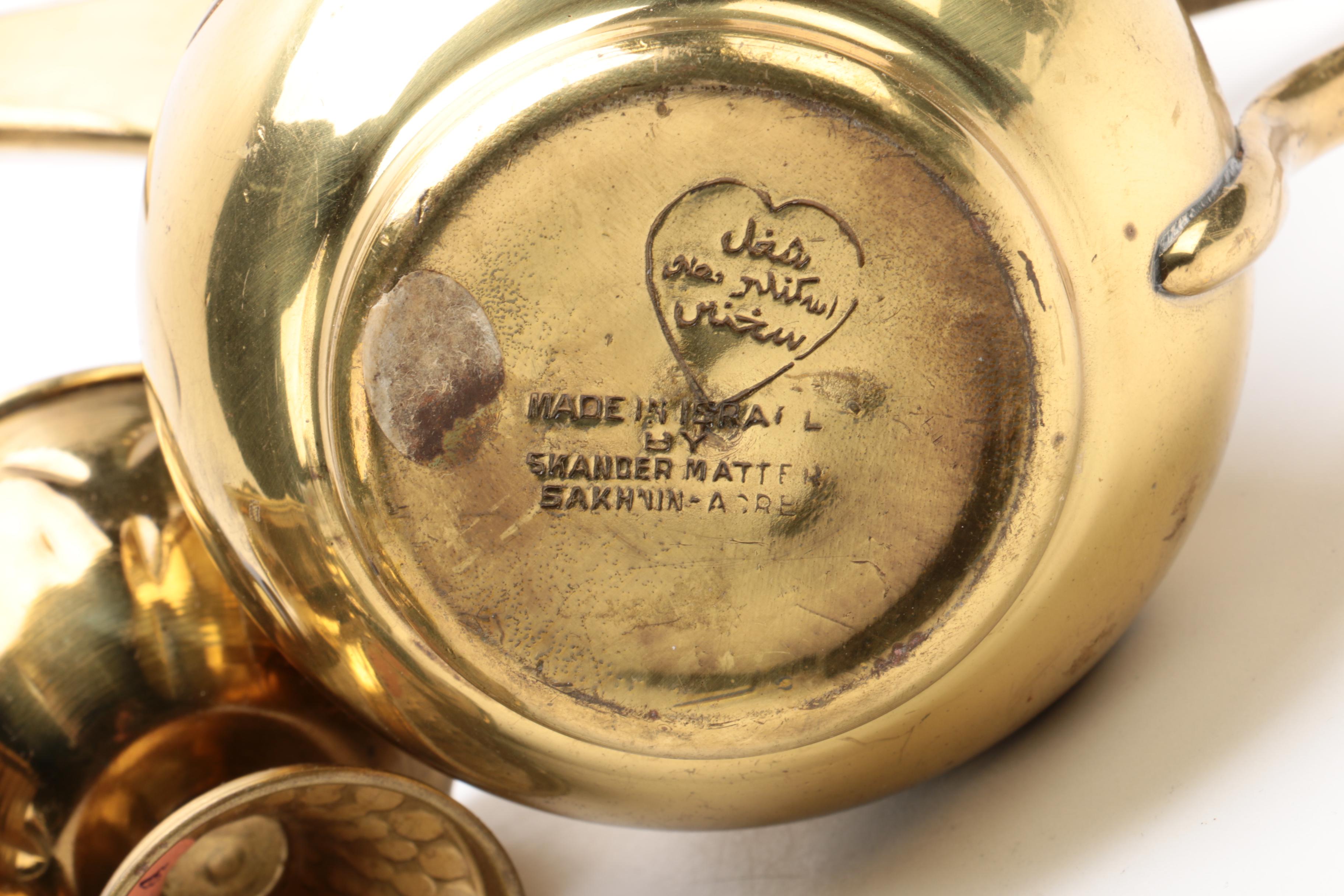 Skander Matter Israeli Brass Tea Set with Wooden Stand