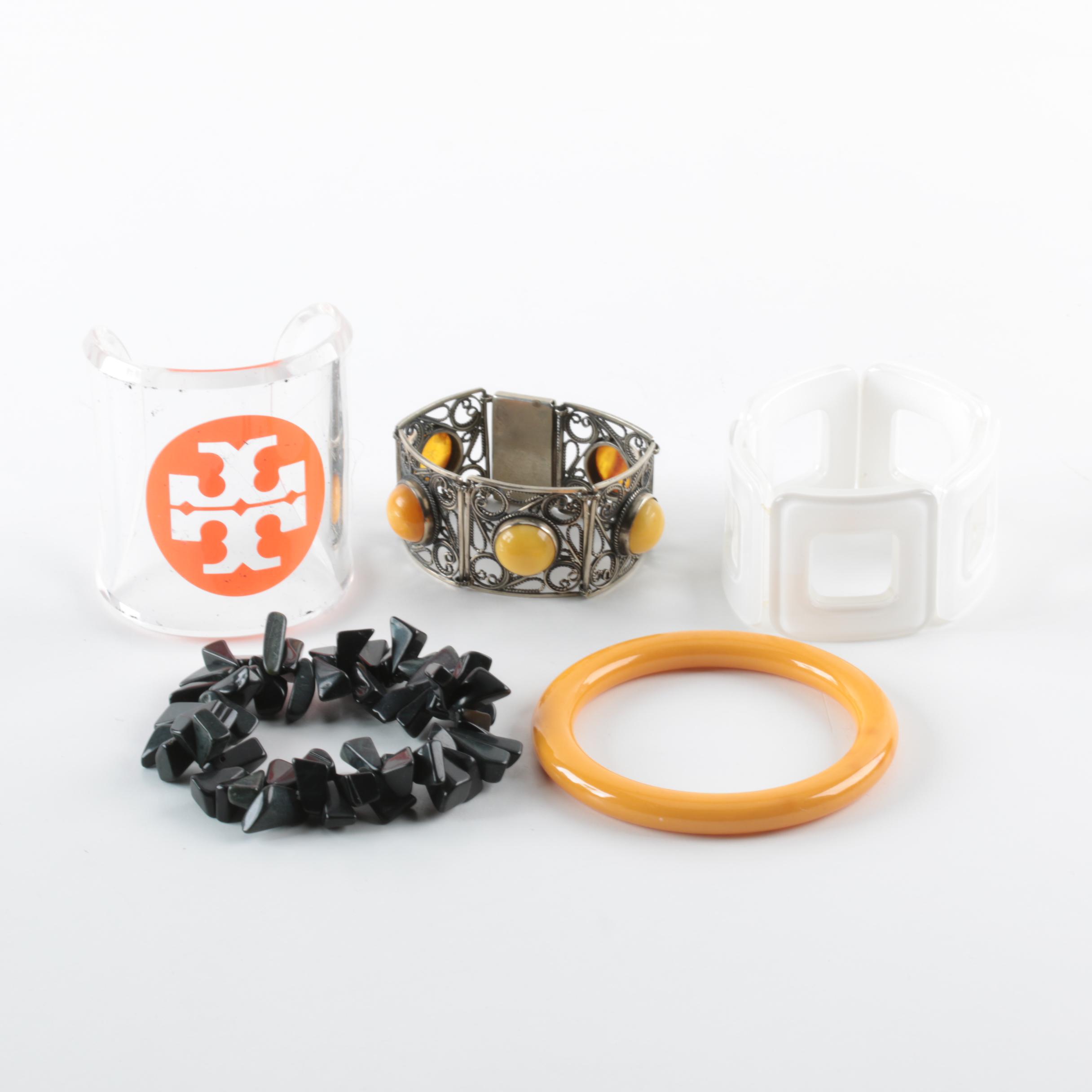 Bakelite Bangle, Mutton Fat Amber Bracelet and Tory Burch Lucite Cuff