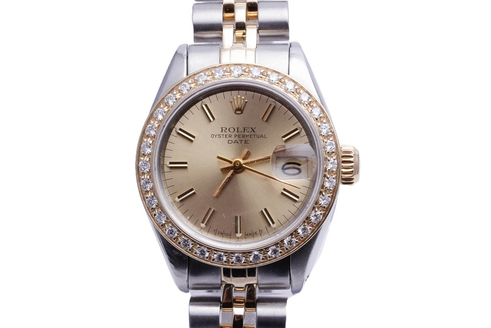 Rolex Date 14K Yellow Gold Stainless Steel Diamond Accented Watch