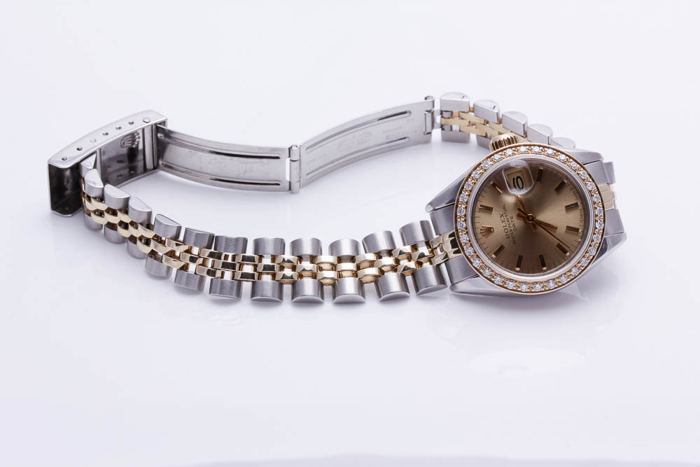 Rolex Date 14K Yellow Gold Stainless Steel Diamond Accented Watch