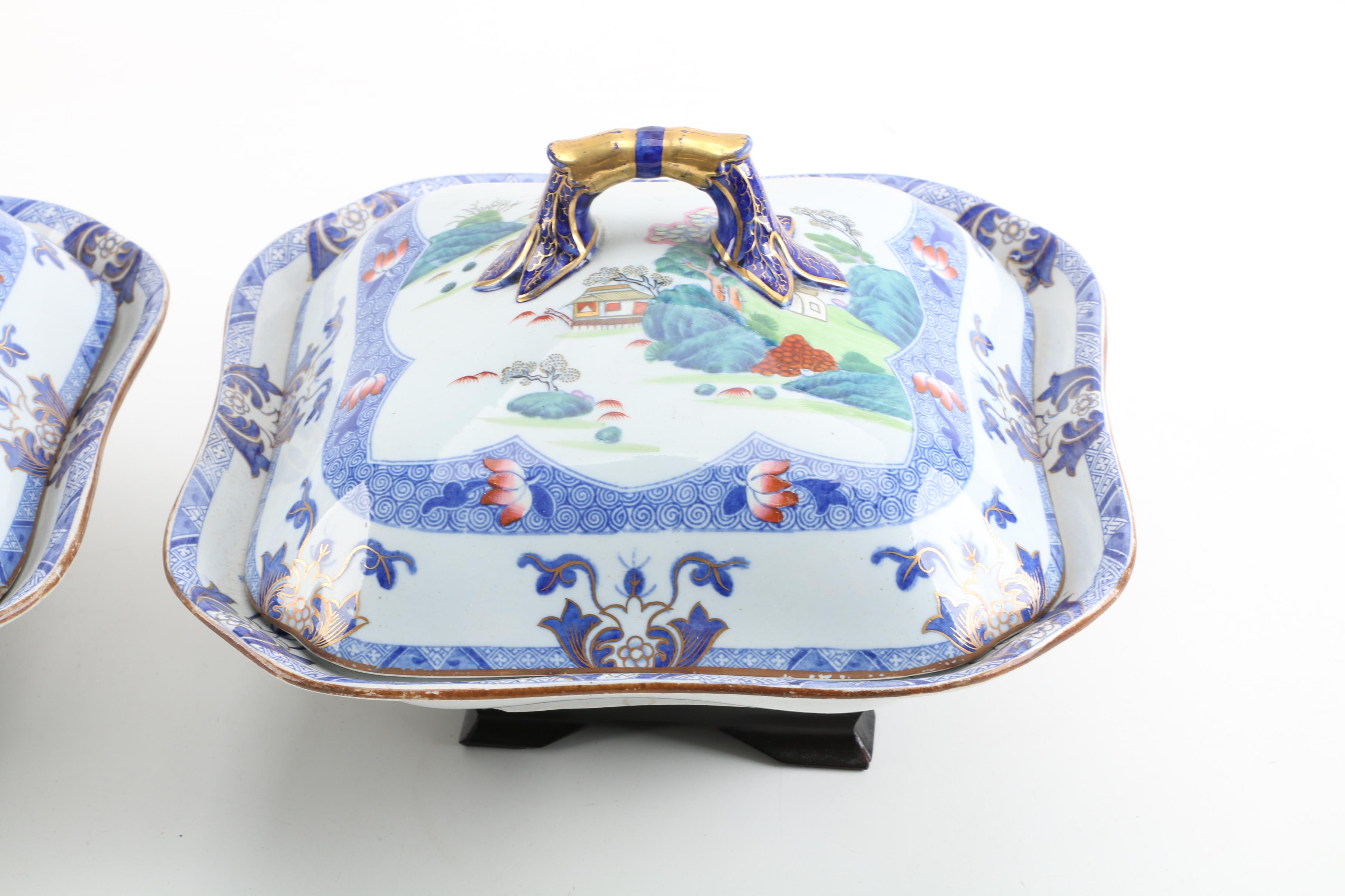 Antique Copeland & Garrett Late Spode Covered Vegetable Dishes with Wood Stands