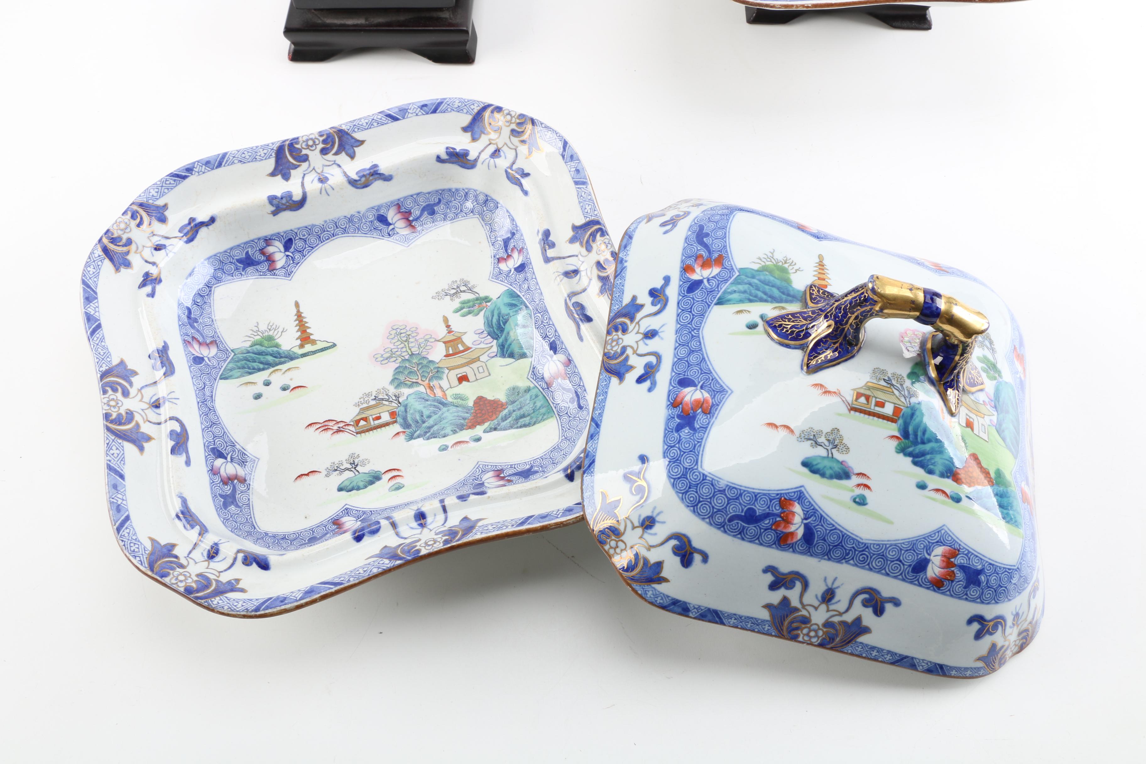 Antique Copeland & Garrett Late Spode Covered Vegetable Dishes with Wood Stands