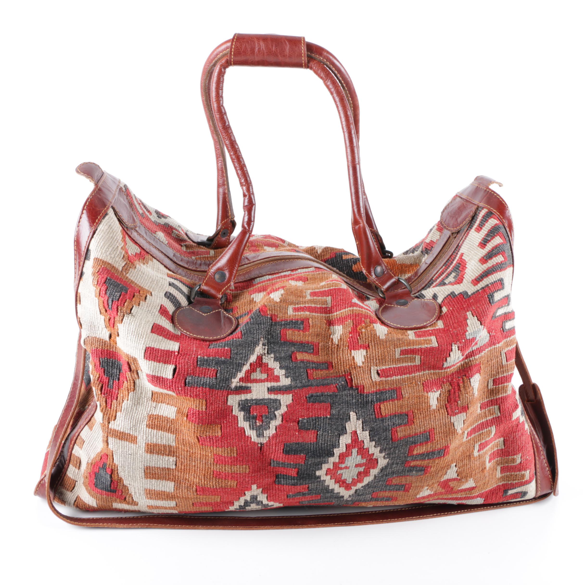 Turkish Leather and Handwoven Kilim Wool Duffel Bag