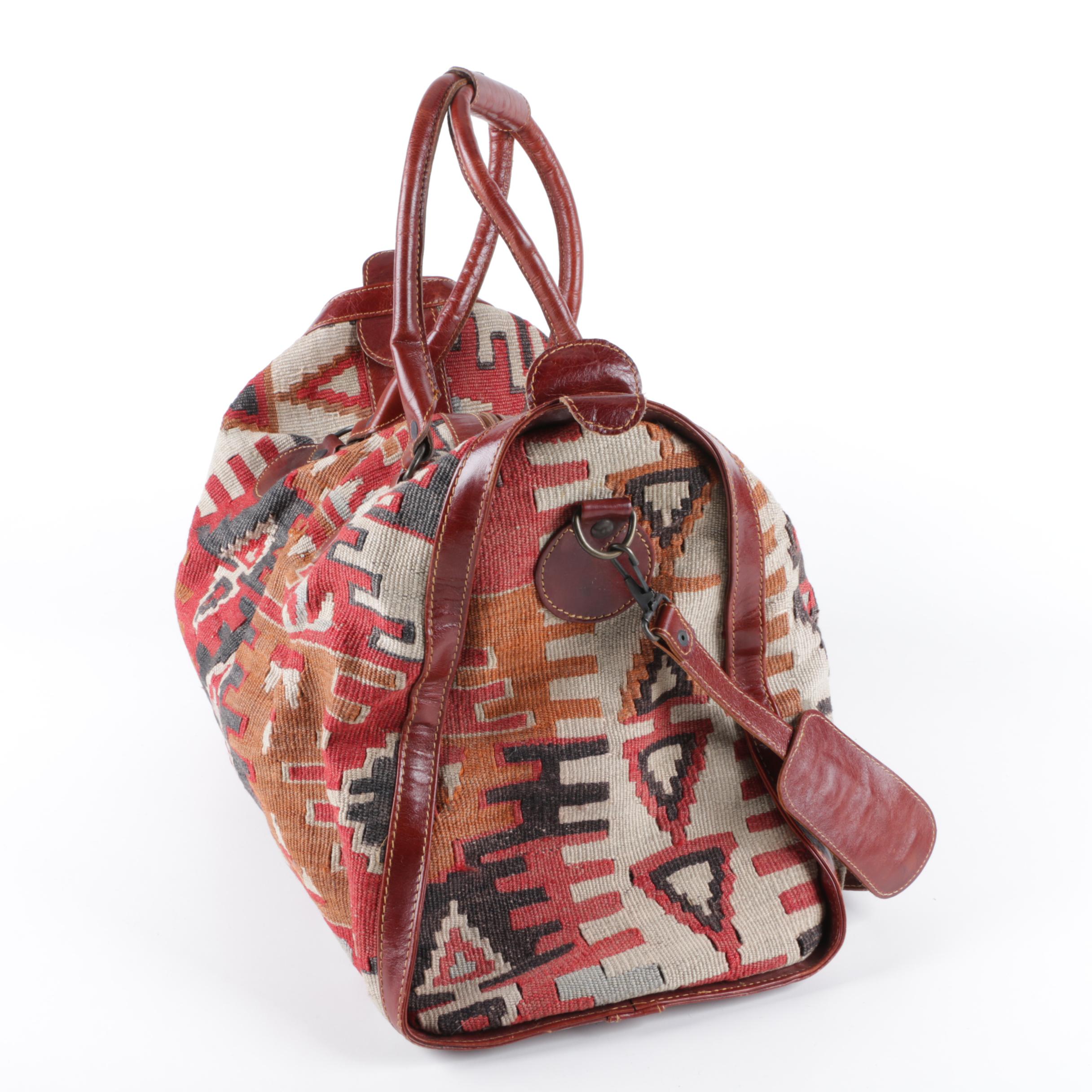 Turkish Leather and Handwoven Kilim Wool Duffel Bag