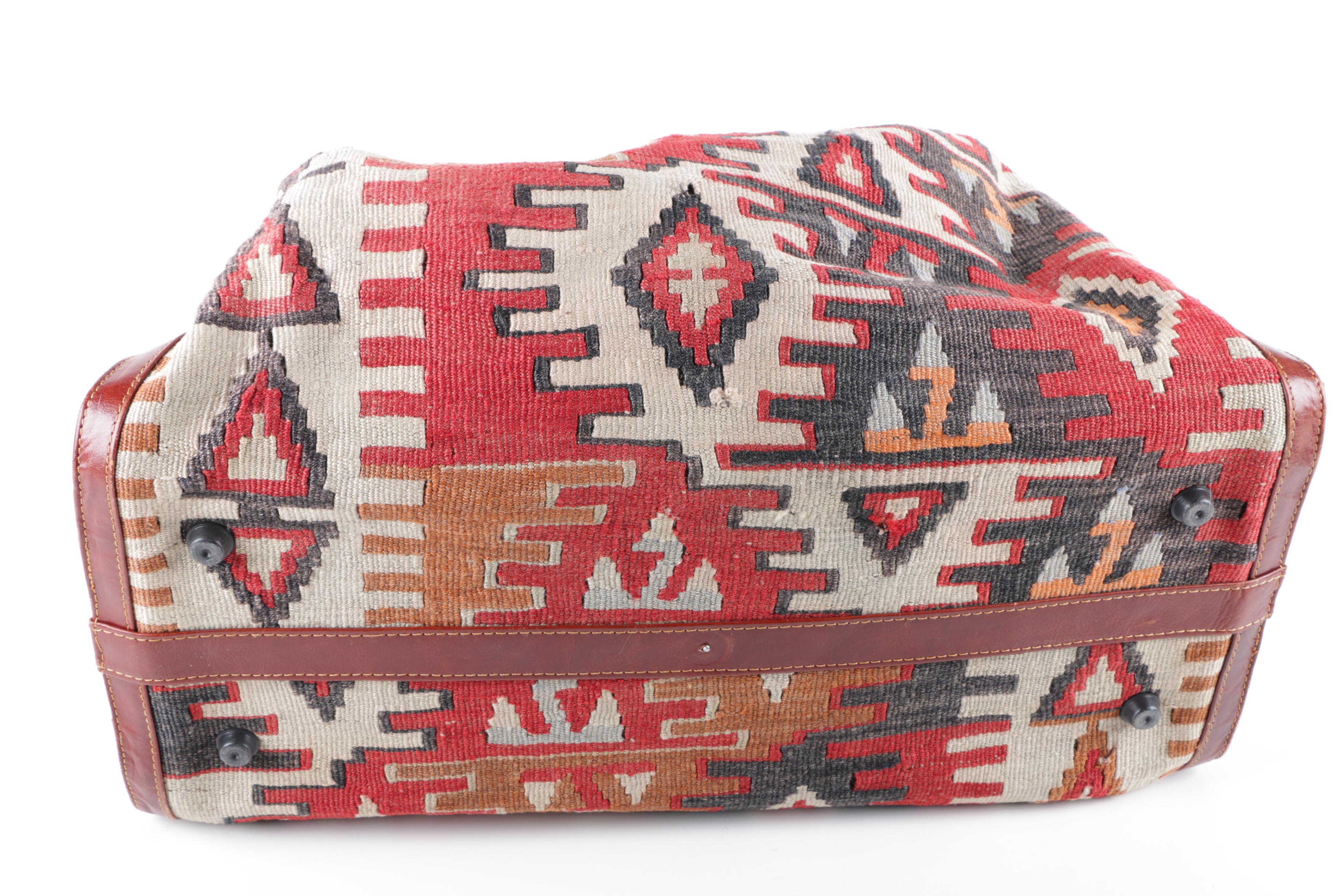 Turkish Leather and Handwoven Kilim Wool Duffel Bag