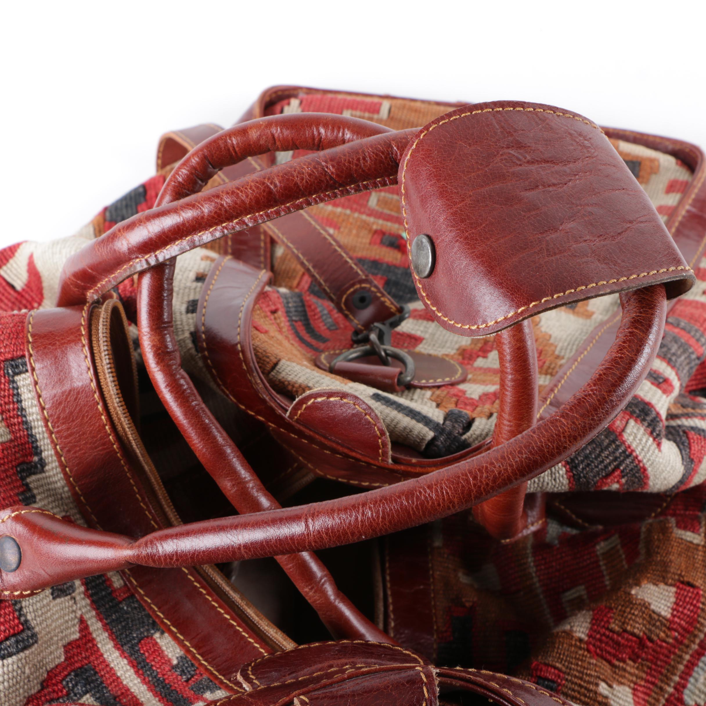 Turkish Leather and Handwoven Kilim Wool Duffel Bag