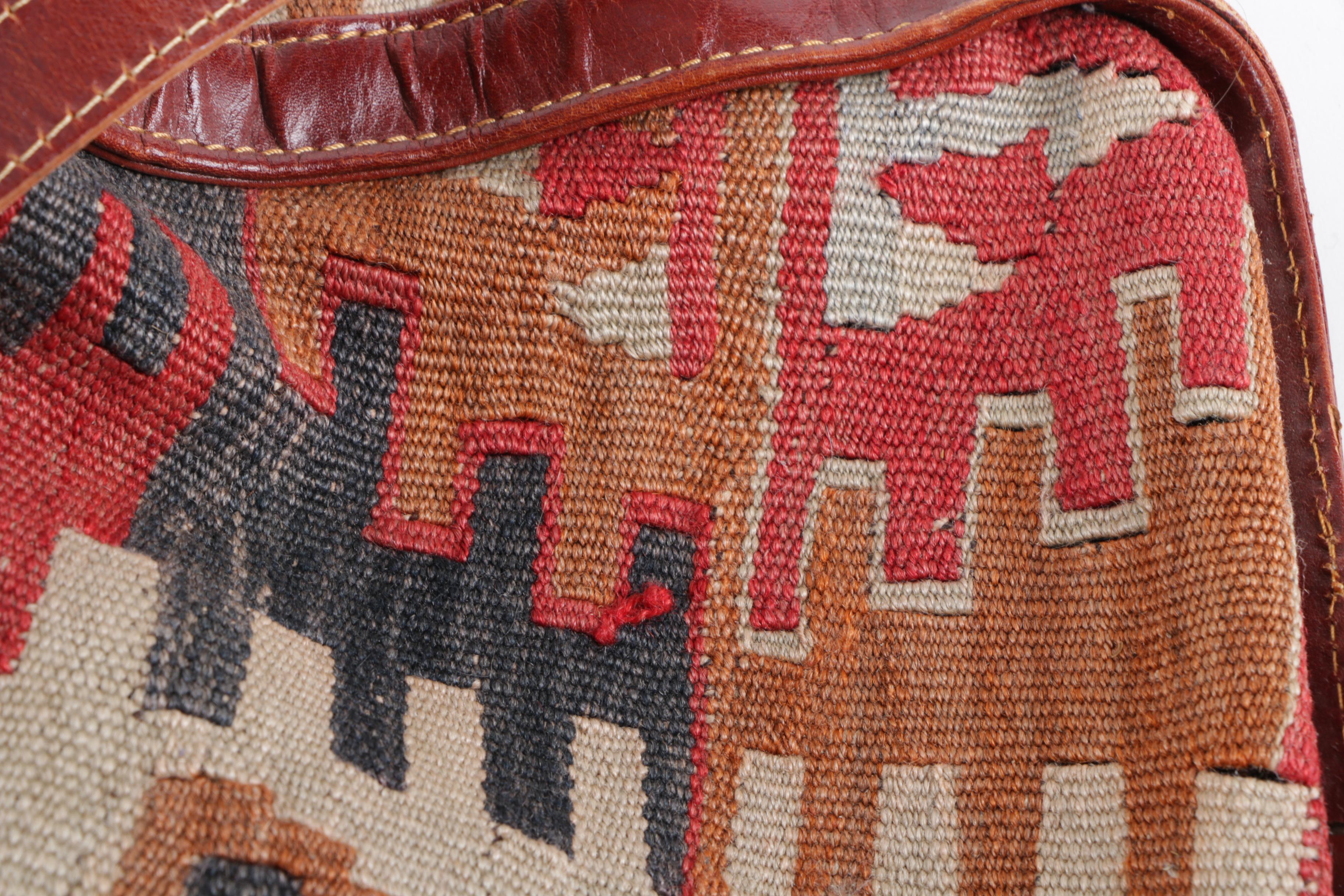 Turkish Leather and Handwoven Kilim Wool Duffel Bag