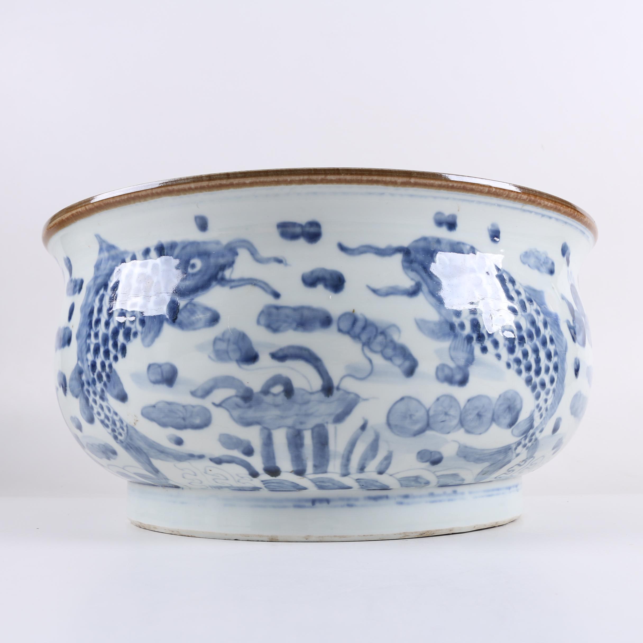 Chinese Tozai Home Blue and White Koi Bowl