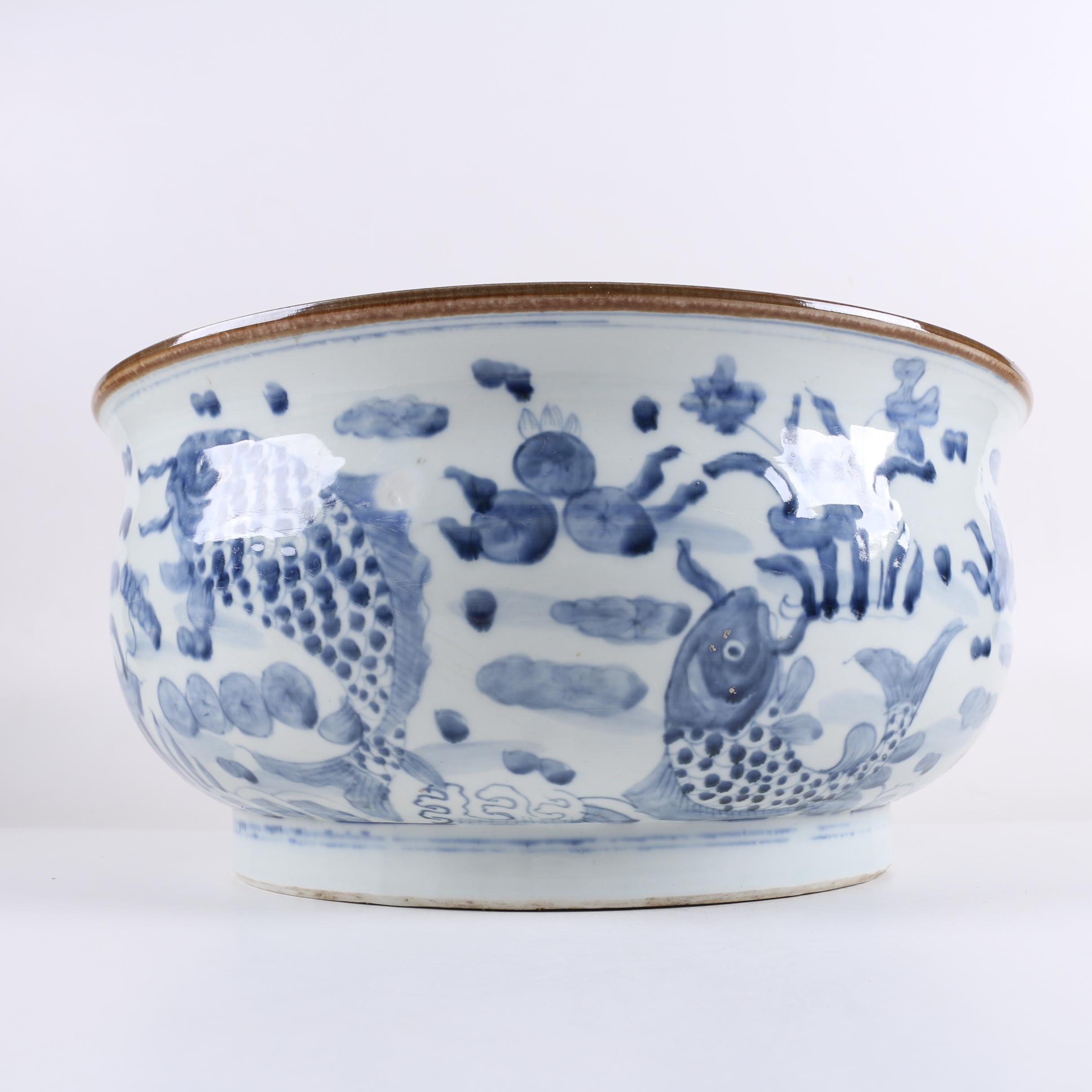 Chinese Tozai Home Blue and White Koi Bowl