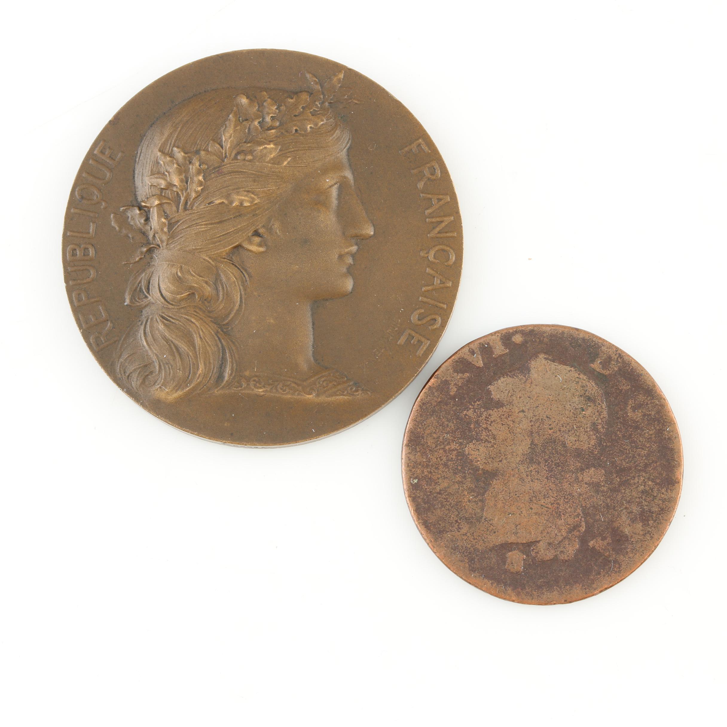 19th Century French Bronze Medal and an Antique Foreign Copper Coin