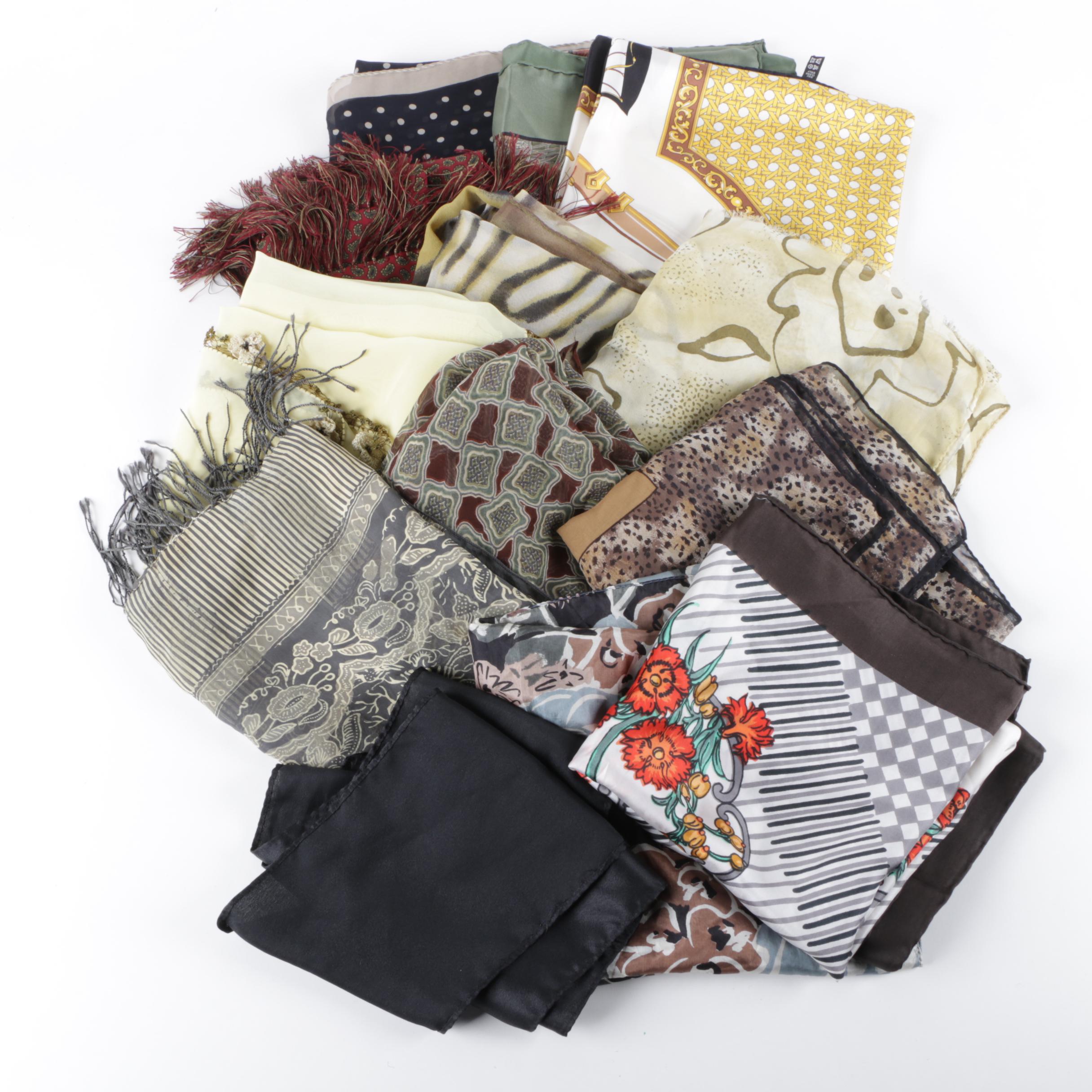 Thirteen Scarves Including Silk Styles by Jaeger and Liberty of London