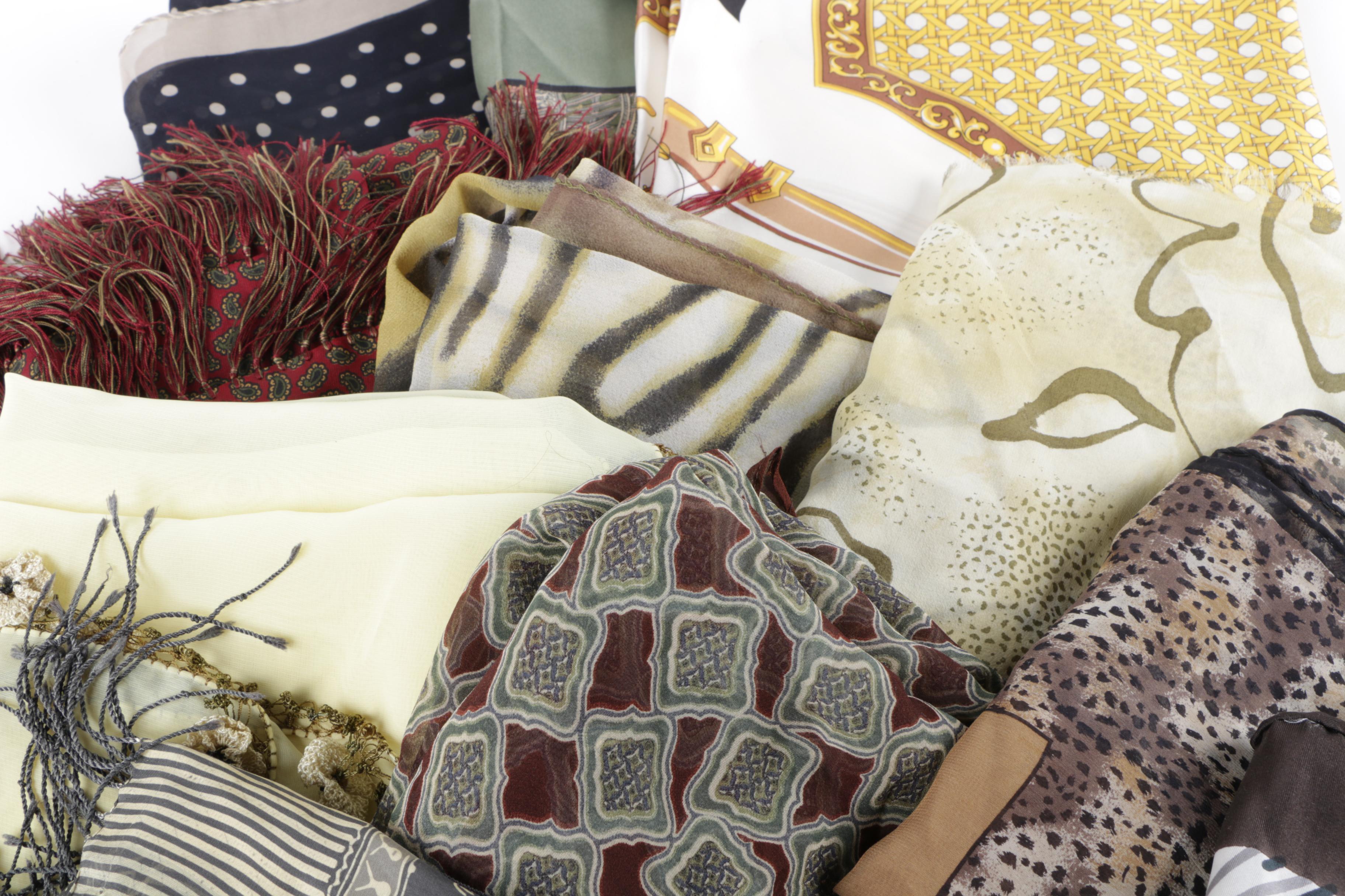 Thirteen Scarves Including Silk Styles by Jaeger and Liberty of London