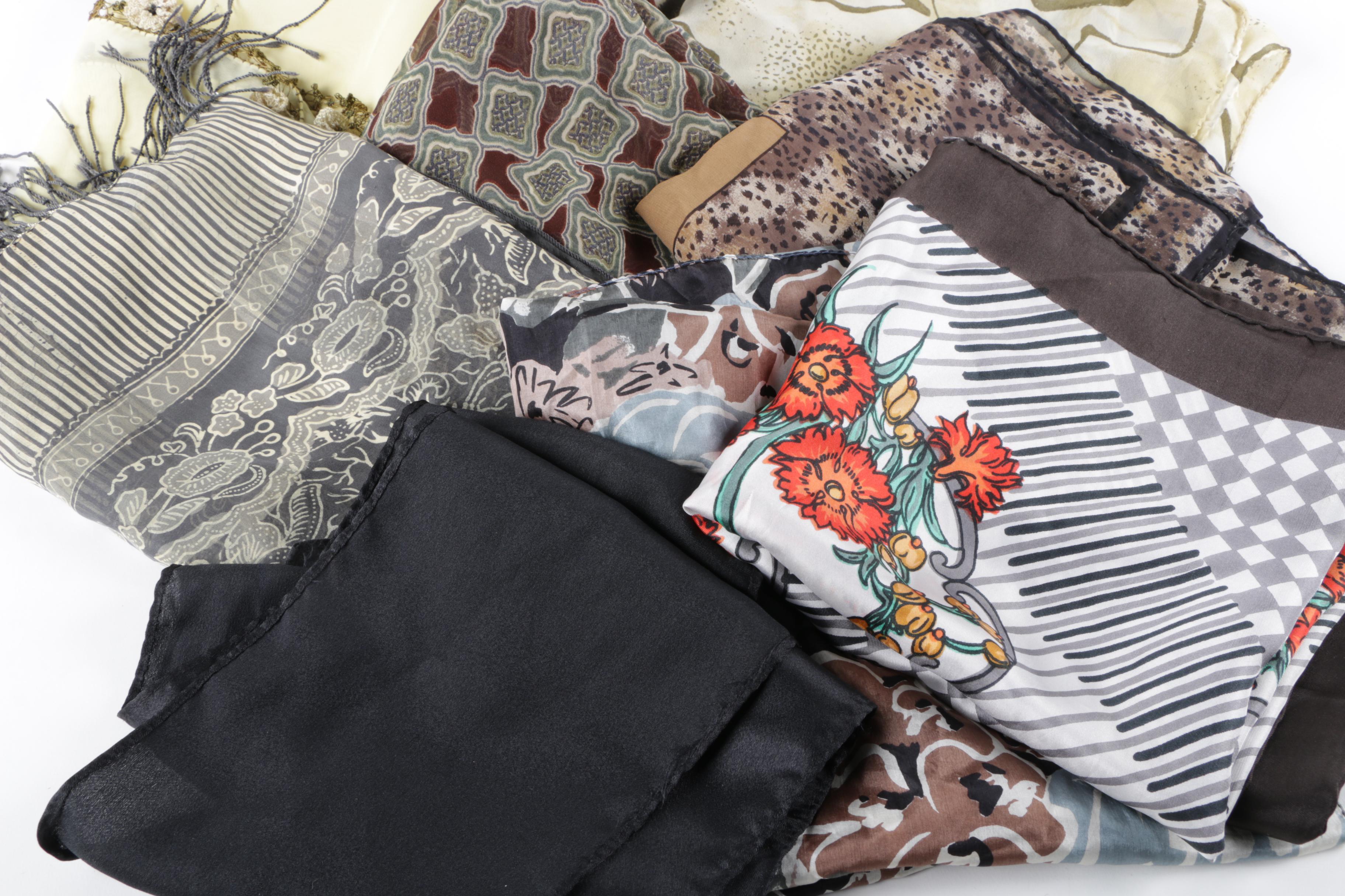 Thirteen Scarves Including Silk Styles by Jaeger and Liberty of London