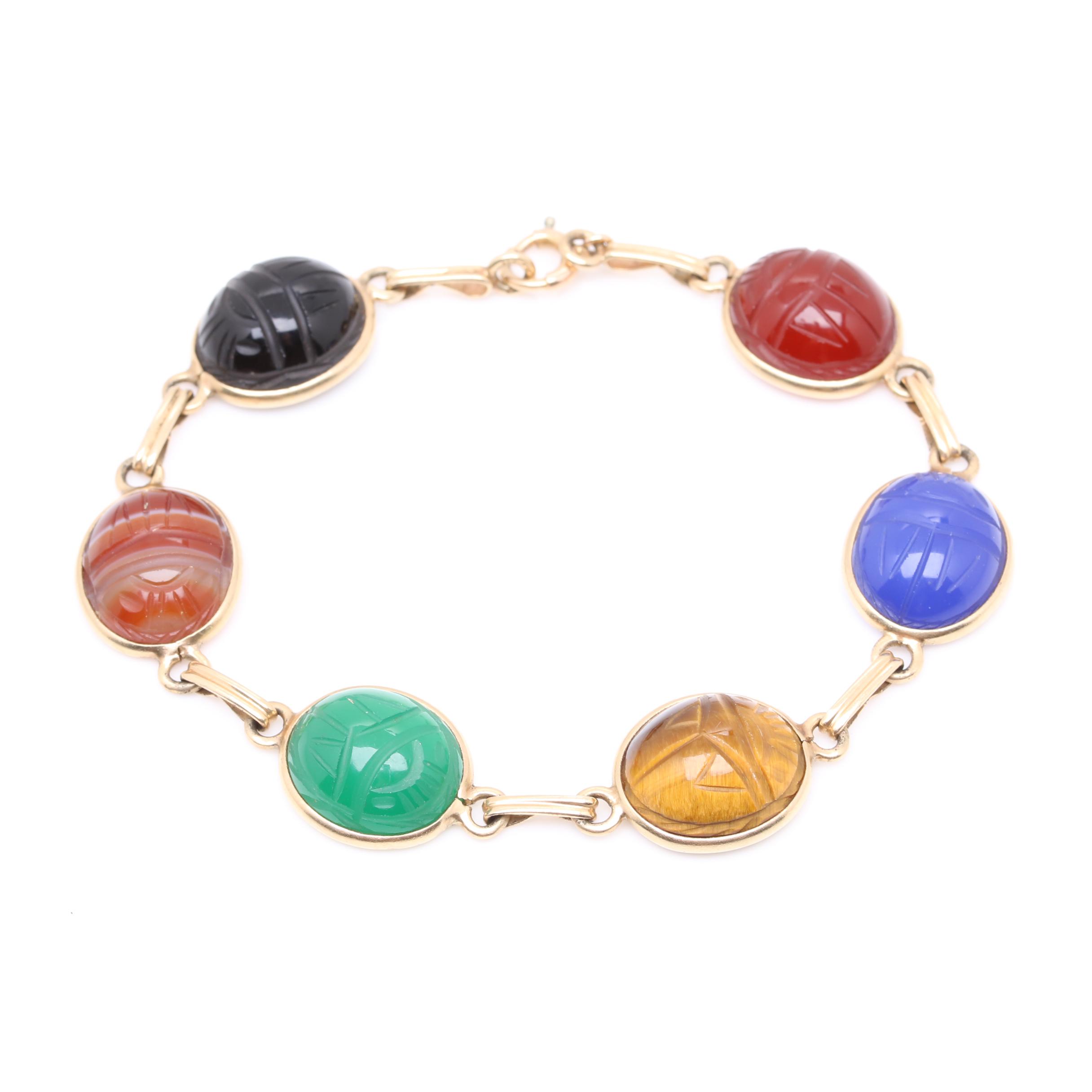14K Yellow Gold Multi-Gemstone Carved Scarab Motif Bracelet