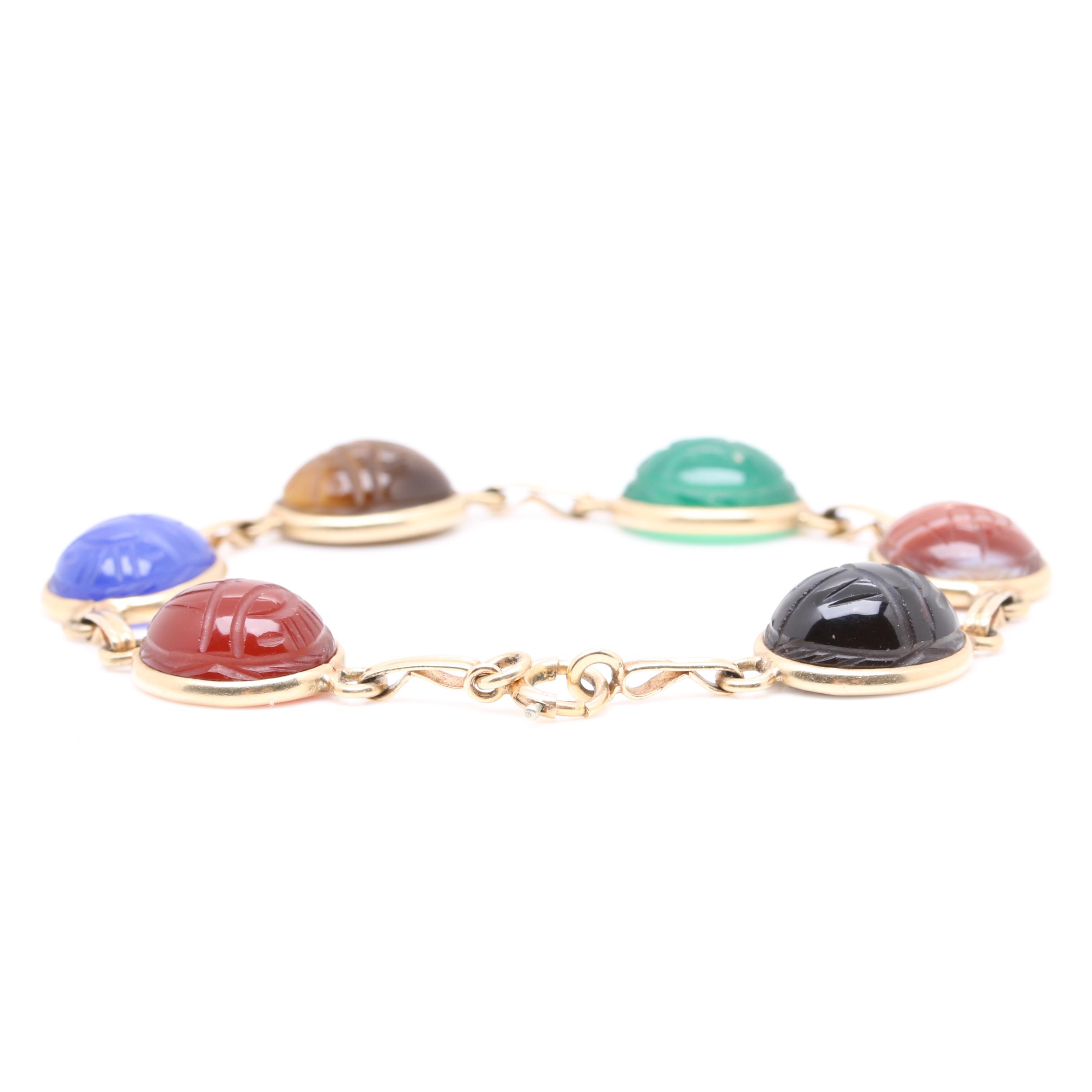 14K Yellow Gold Multi-Gemstone Carved Scarab Motif Bracelet