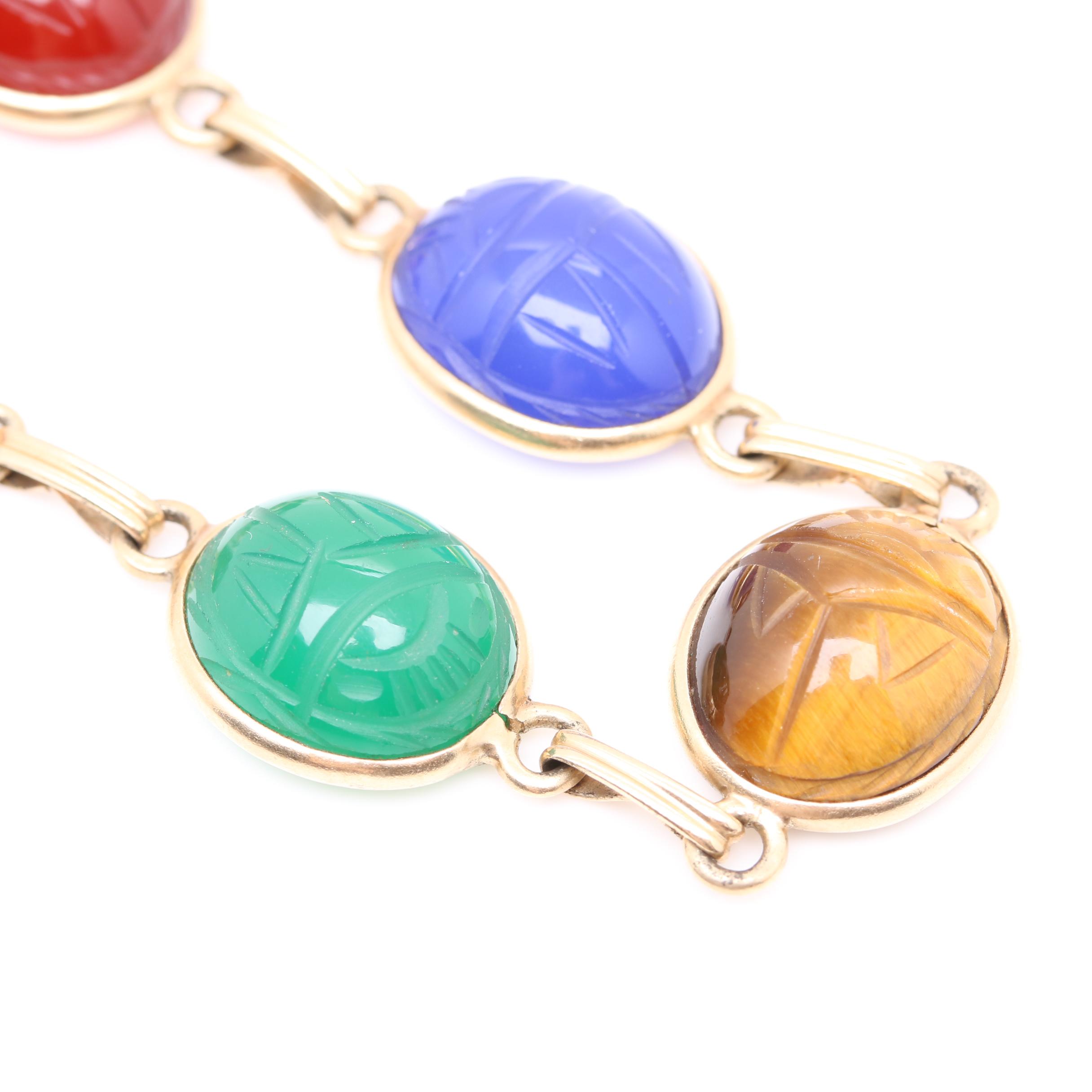 14K Yellow Gold Multi-Gemstone Carved Scarab Motif Bracelet