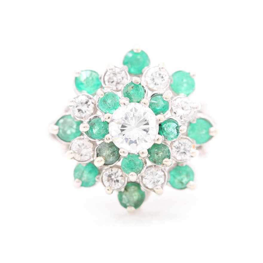 14K White Gold Diamond and Emerald Floral Cocktail Ring