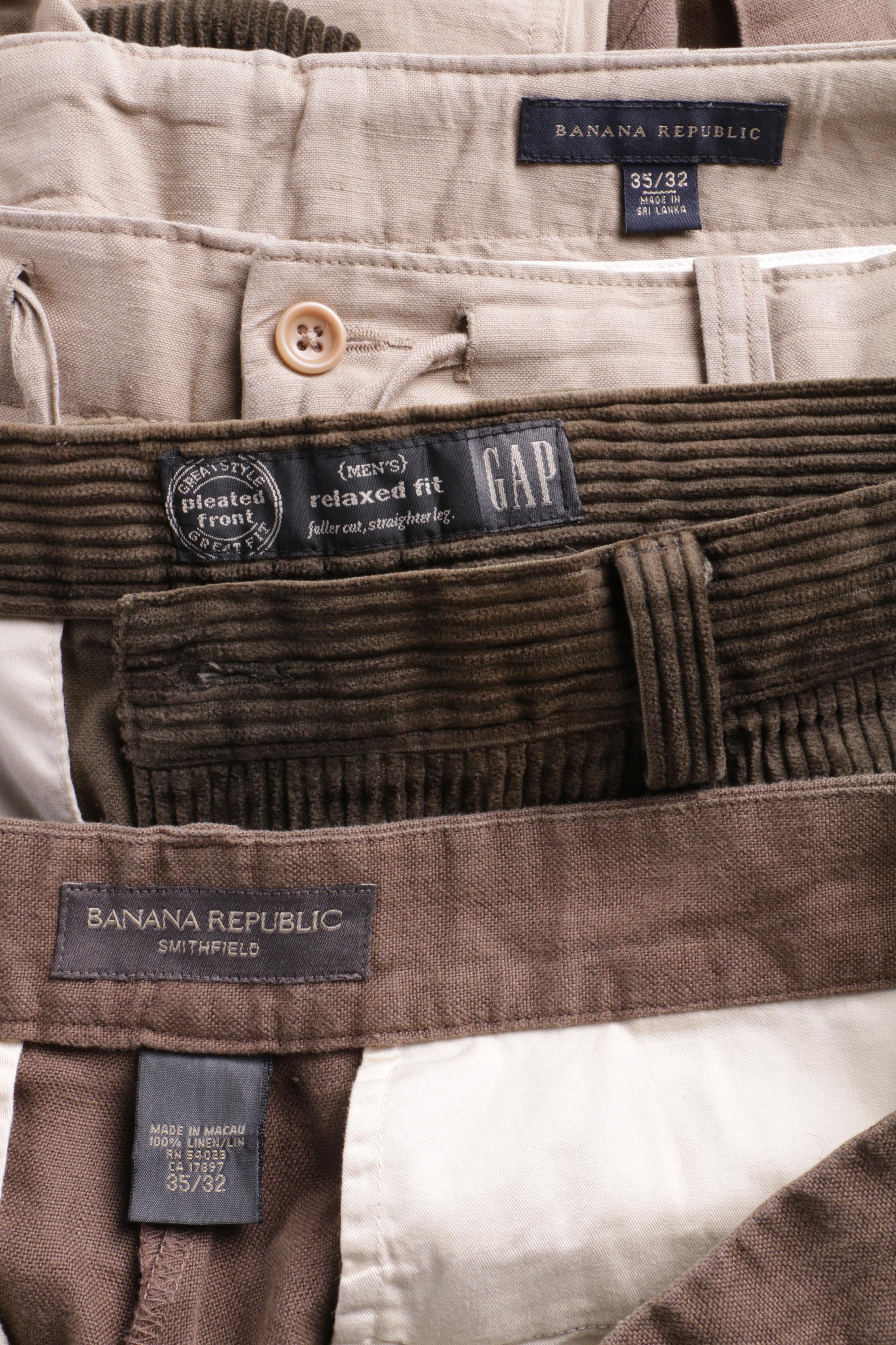 Seven Pairs of Men's Casual and Corduroy Pants Including Banana Republic and Gap