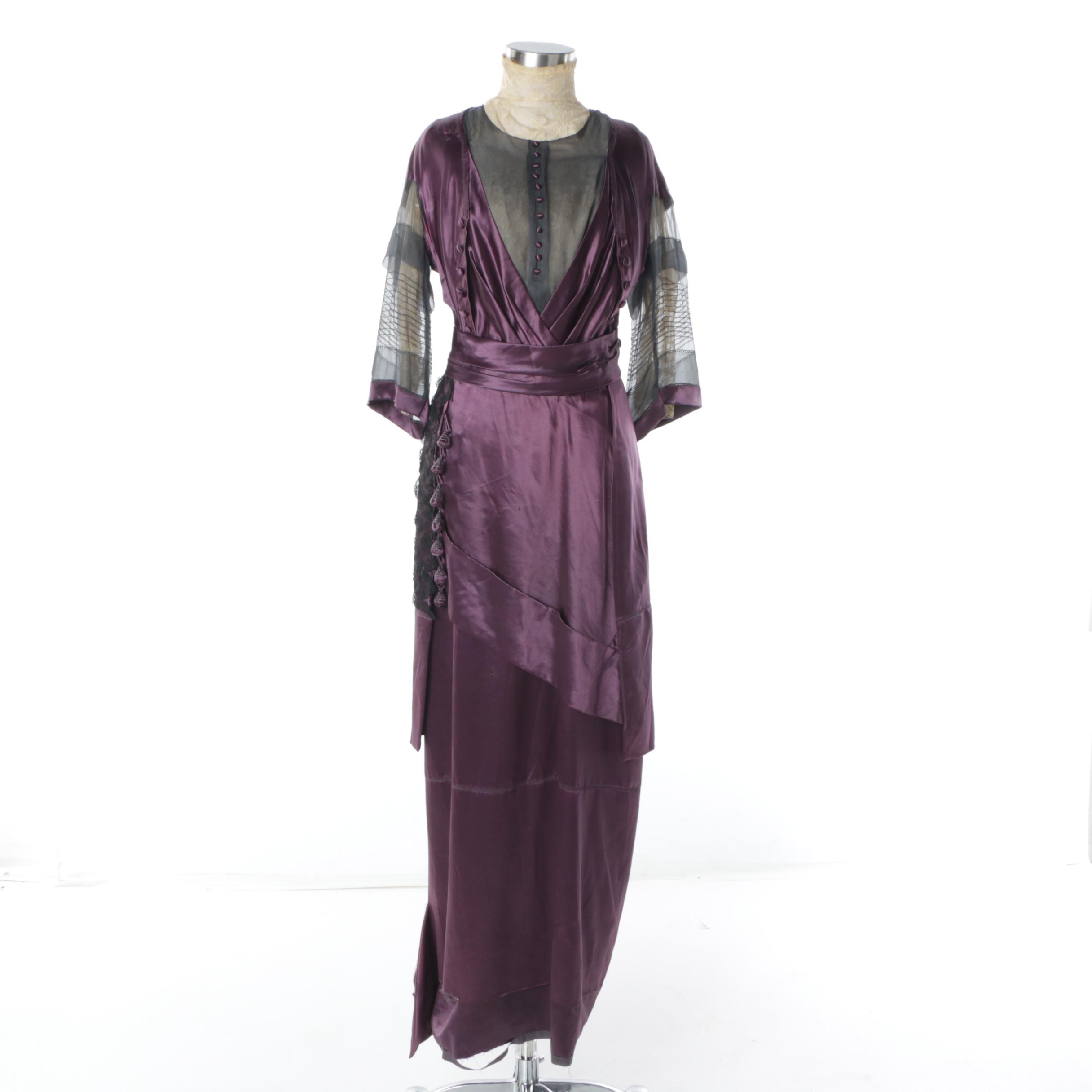 Women's Circa 1910 Early Edwardian Plum and Black Silk Gown Trimmed in Lace