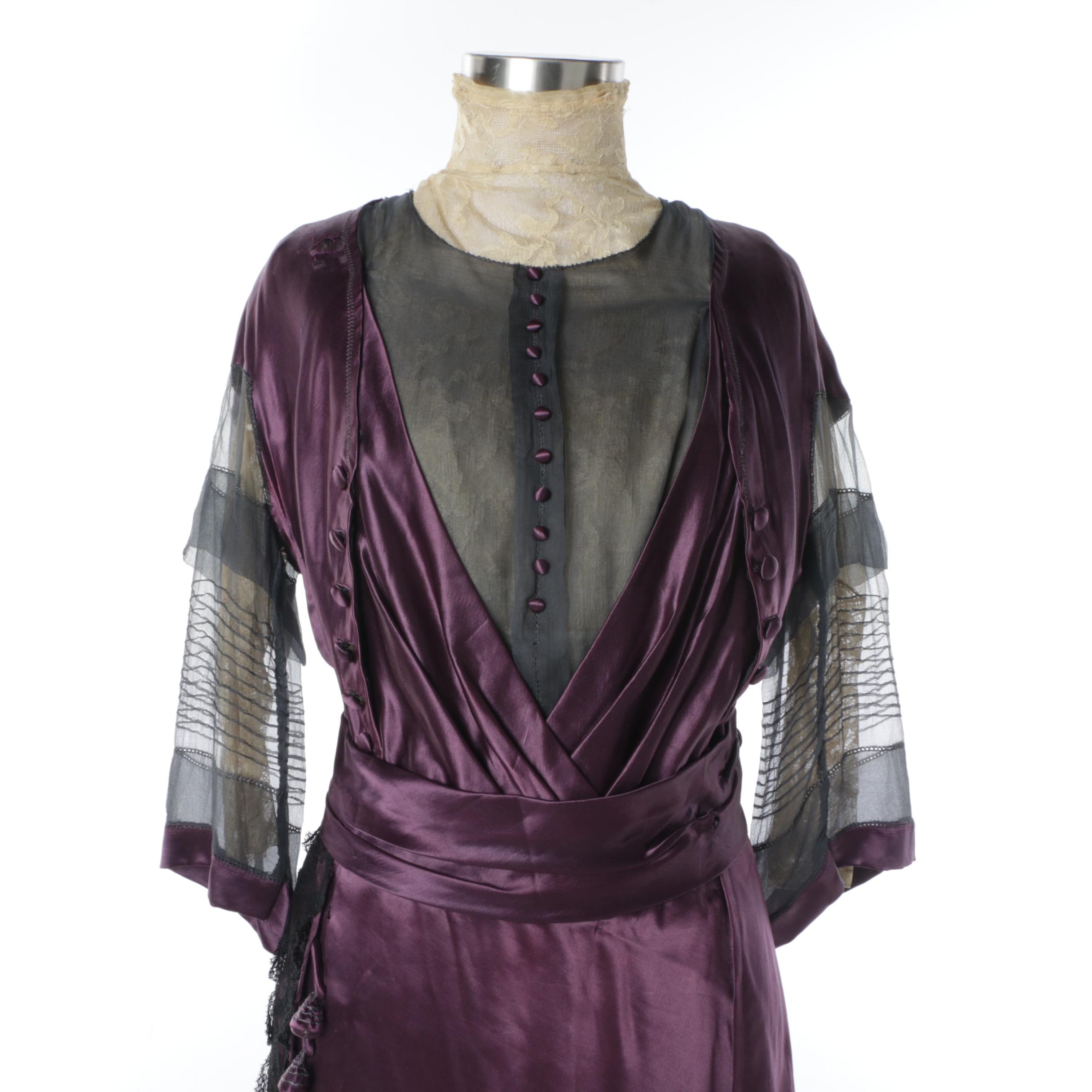 Women's Circa 1910 Early Edwardian Plum and Black Silk Gown Trimmed in Lace