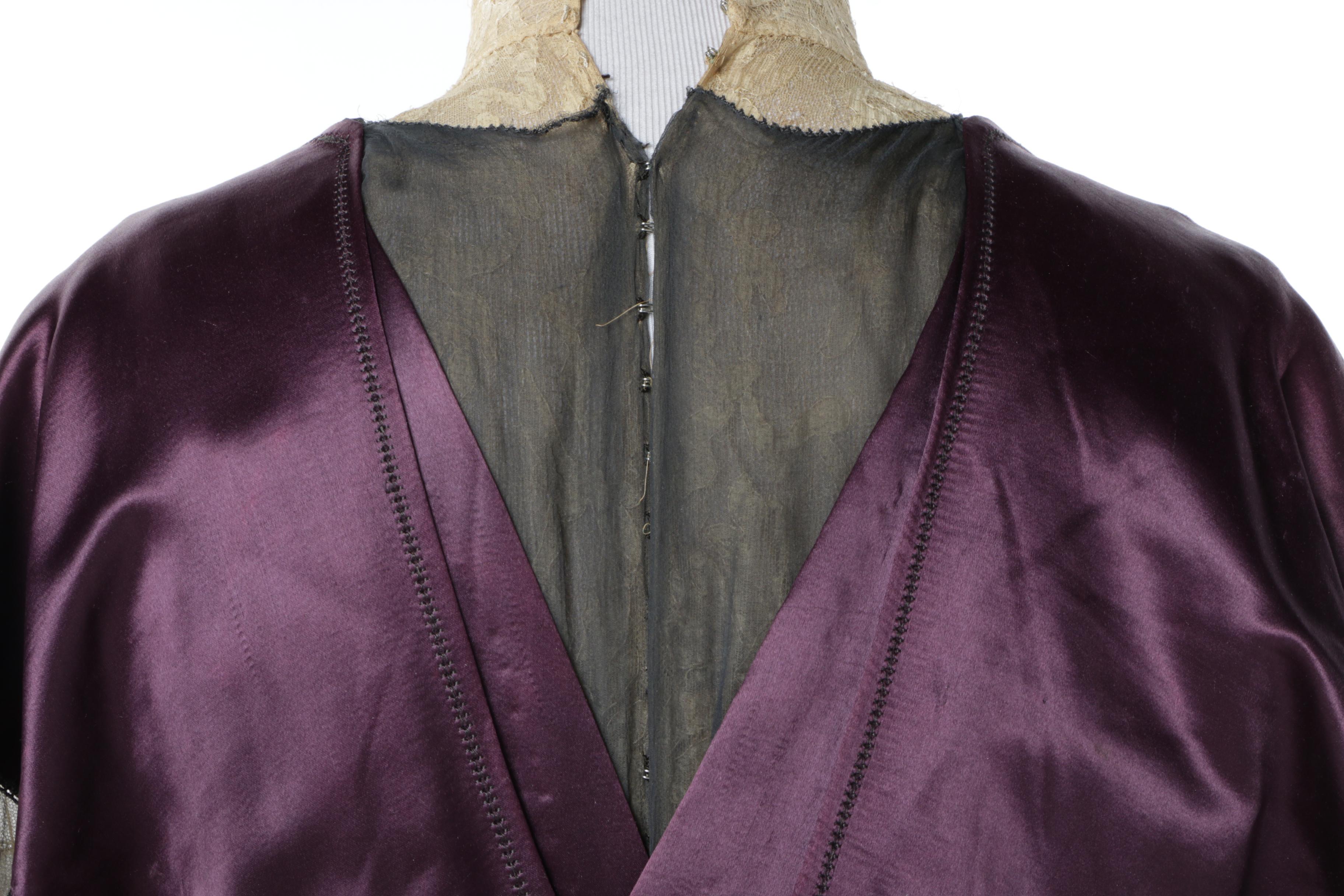 Women's Circa 1910 Early Edwardian Plum and Black Silk Gown Trimmed in Lace