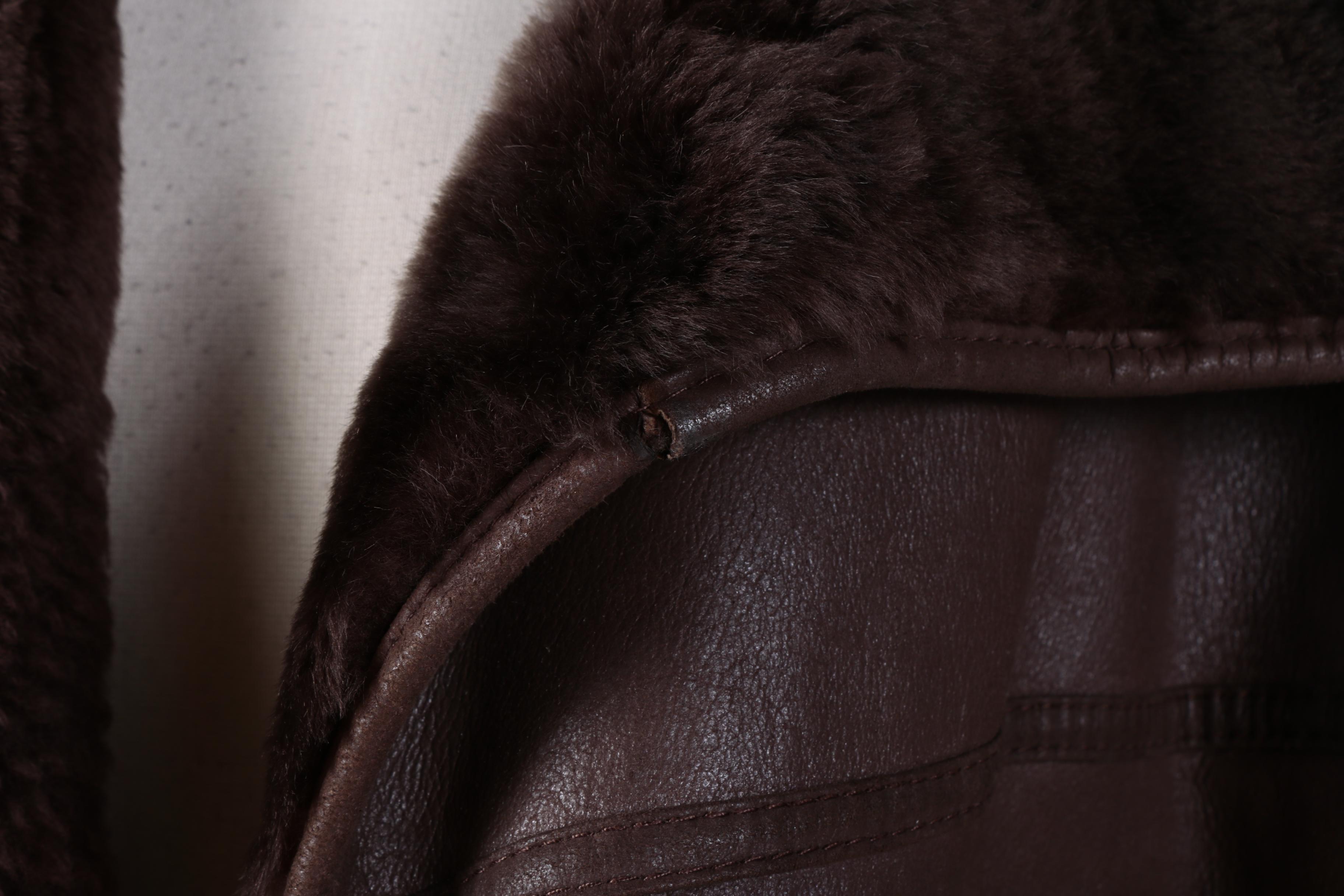 Women's Vintage Brown Leather Coat with Sheared Sheepskin Fur Lining