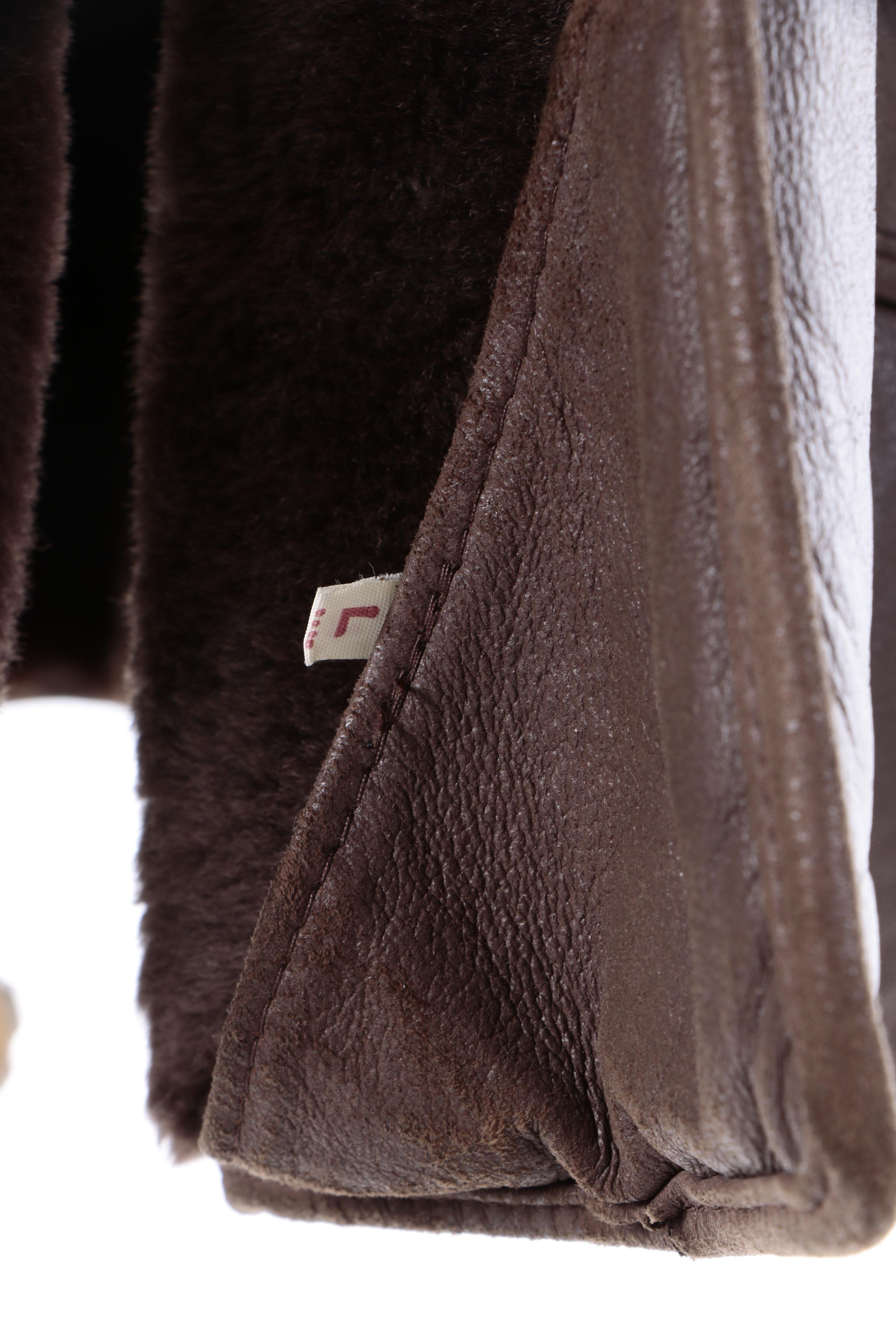 Women's Vintage Brown Leather Coat with Sheared Sheepskin Fur Lining