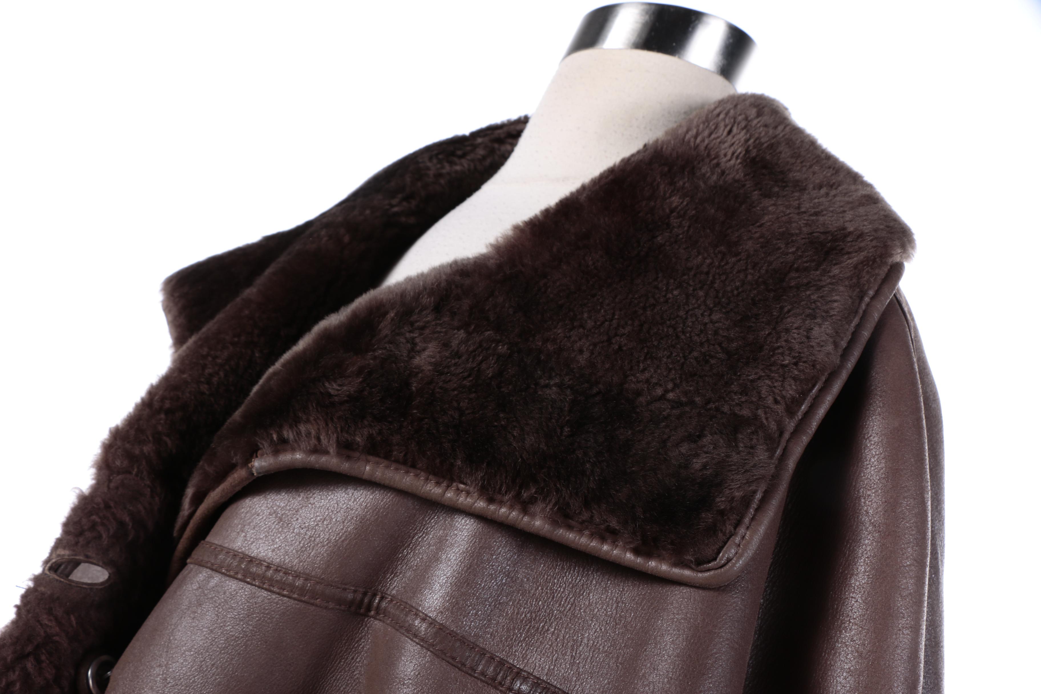 Women's Vintage Brown Leather Coat with Sheared Sheepskin Fur Lining