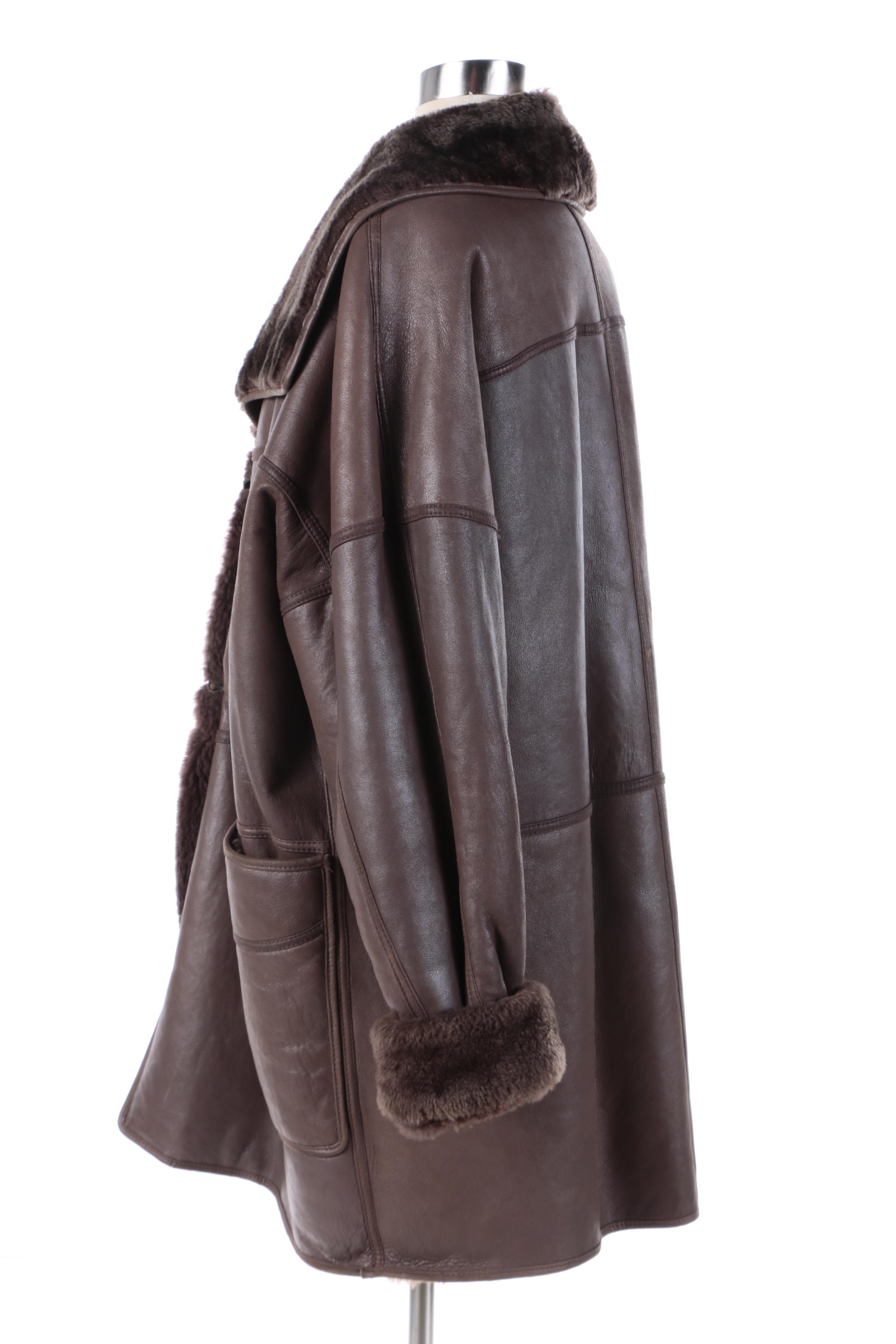 Women's Vintage Brown Leather Coat with Sheared Sheepskin Fur Lining