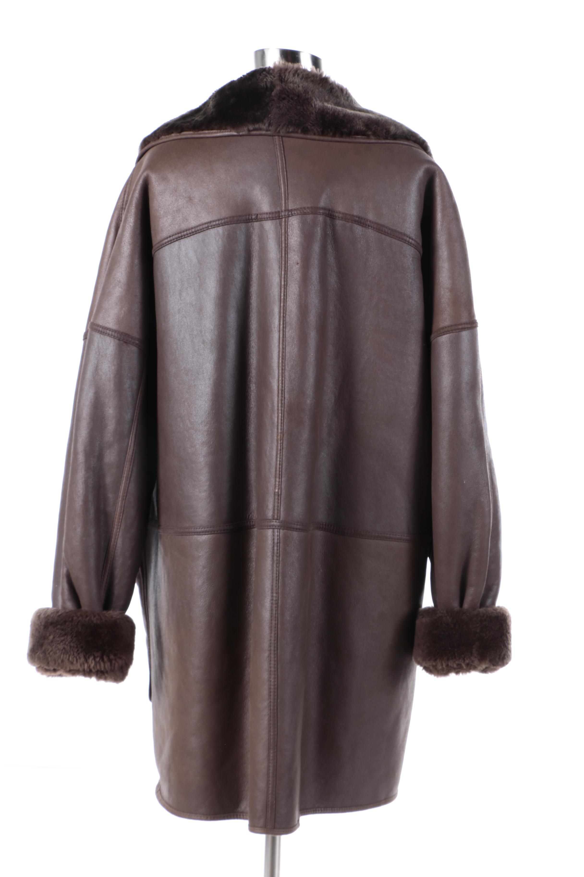 Women's Vintage Brown Leather Coat with Sheared Sheepskin Fur Lining