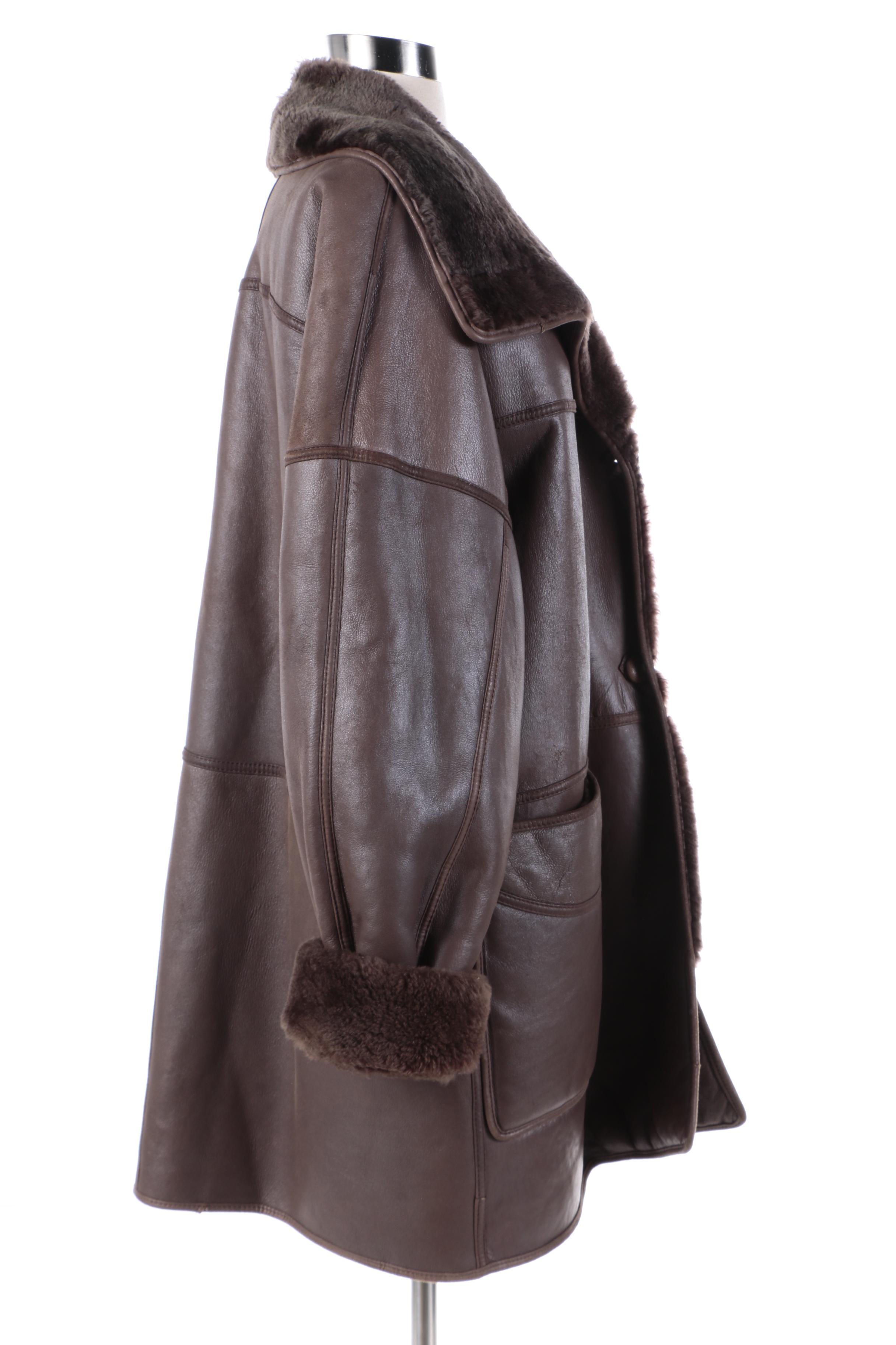 Women's Vintage Brown Leather Coat with Sheared Sheepskin Fur Lining