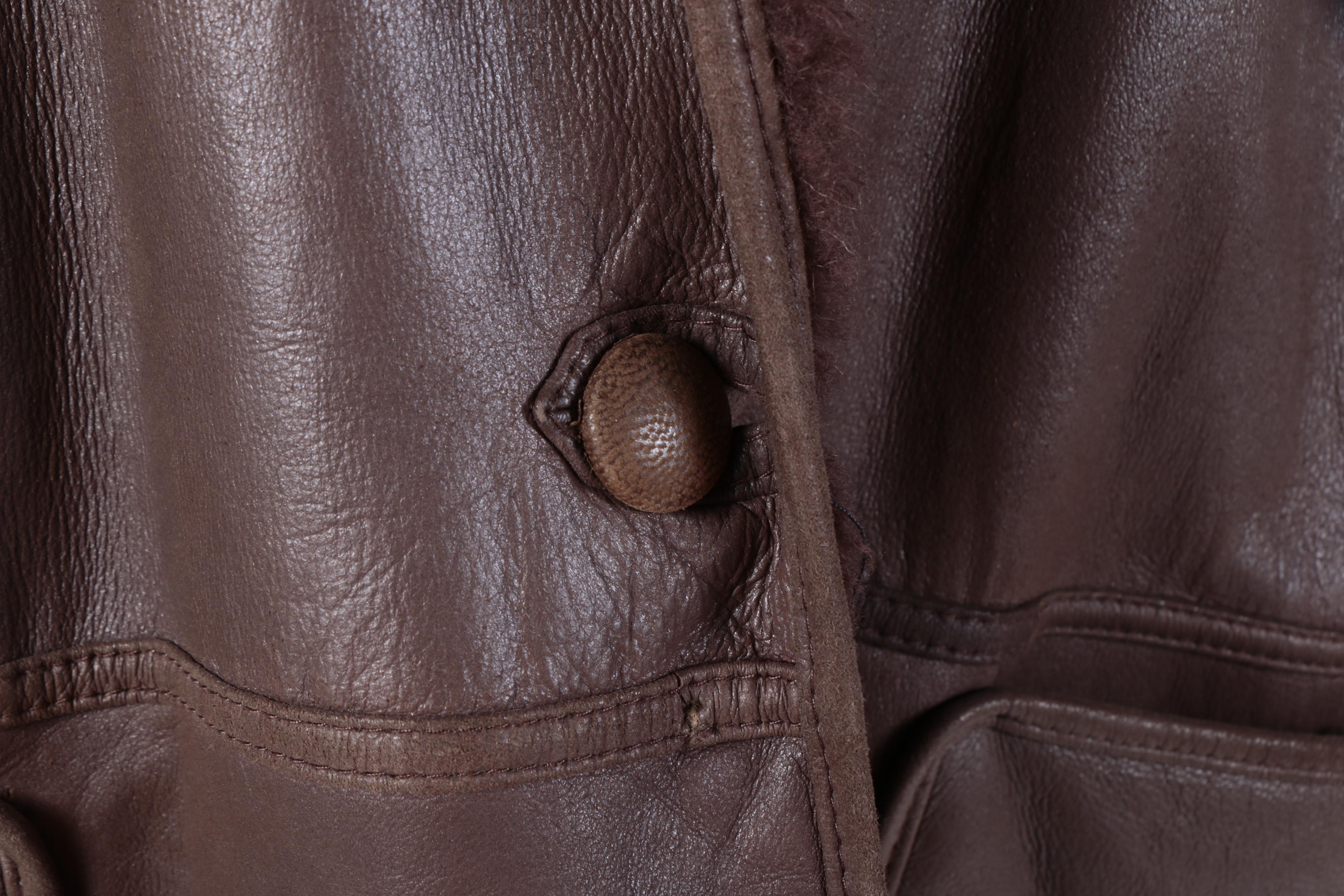 Women's Vintage Brown Leather Coat with Sheared Sheepskin Fur Lining