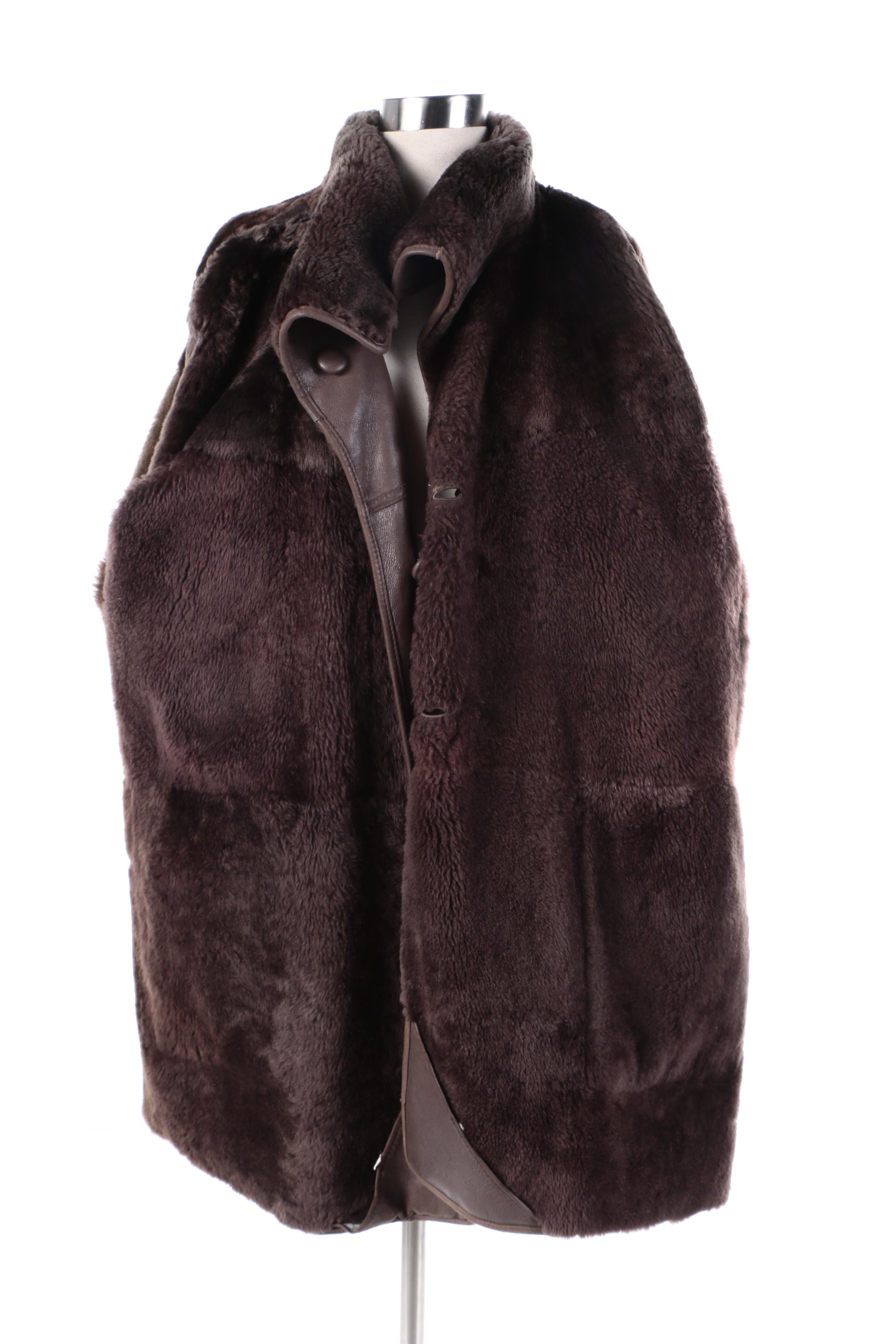 Women's Vintage Brown Leather Coat with Sheared Sheepskin Fur Lining
