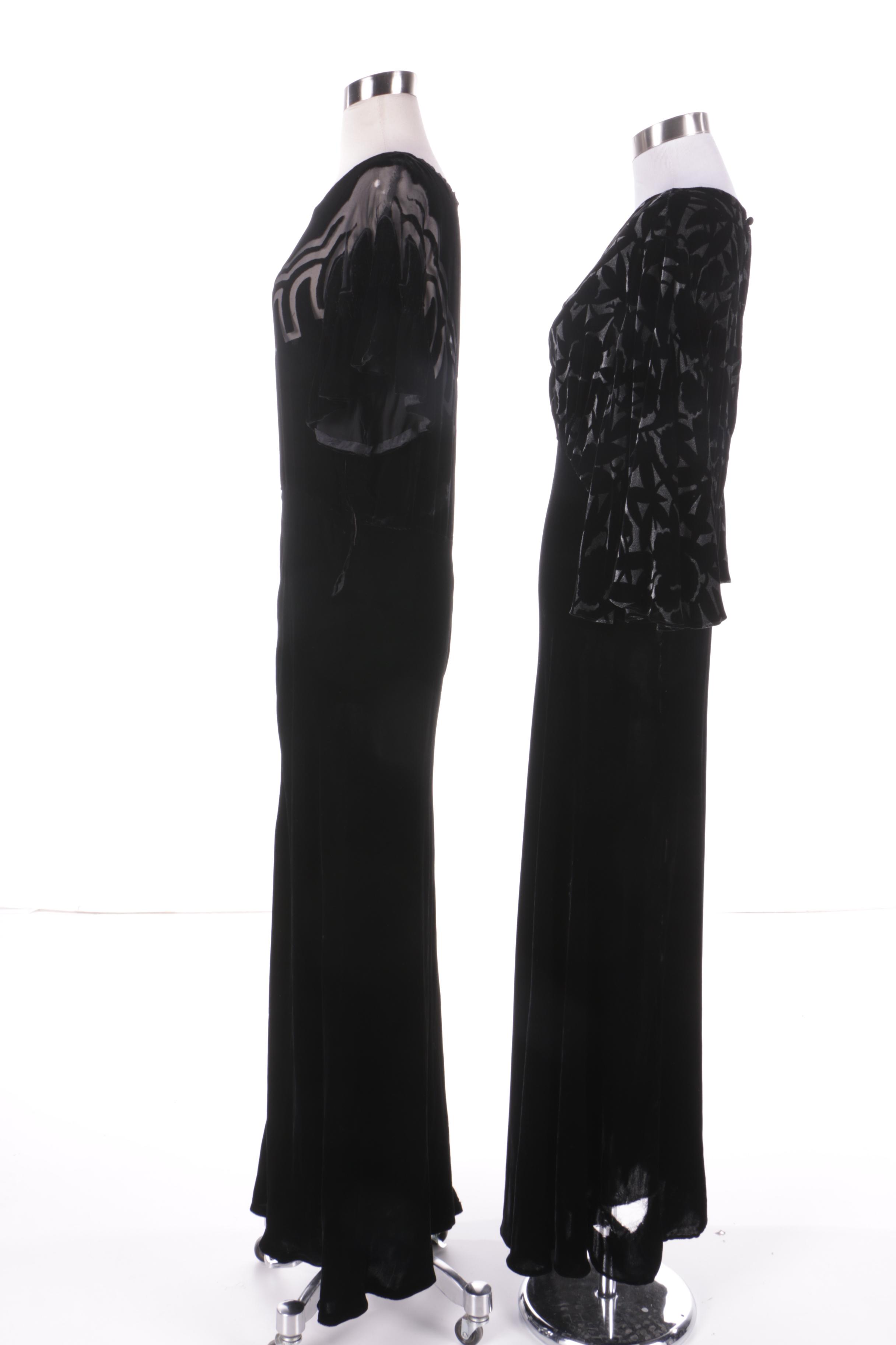 Circa Late 1930s-Early 1940s Vintage Black Velvet Evening Gowns and Jacket