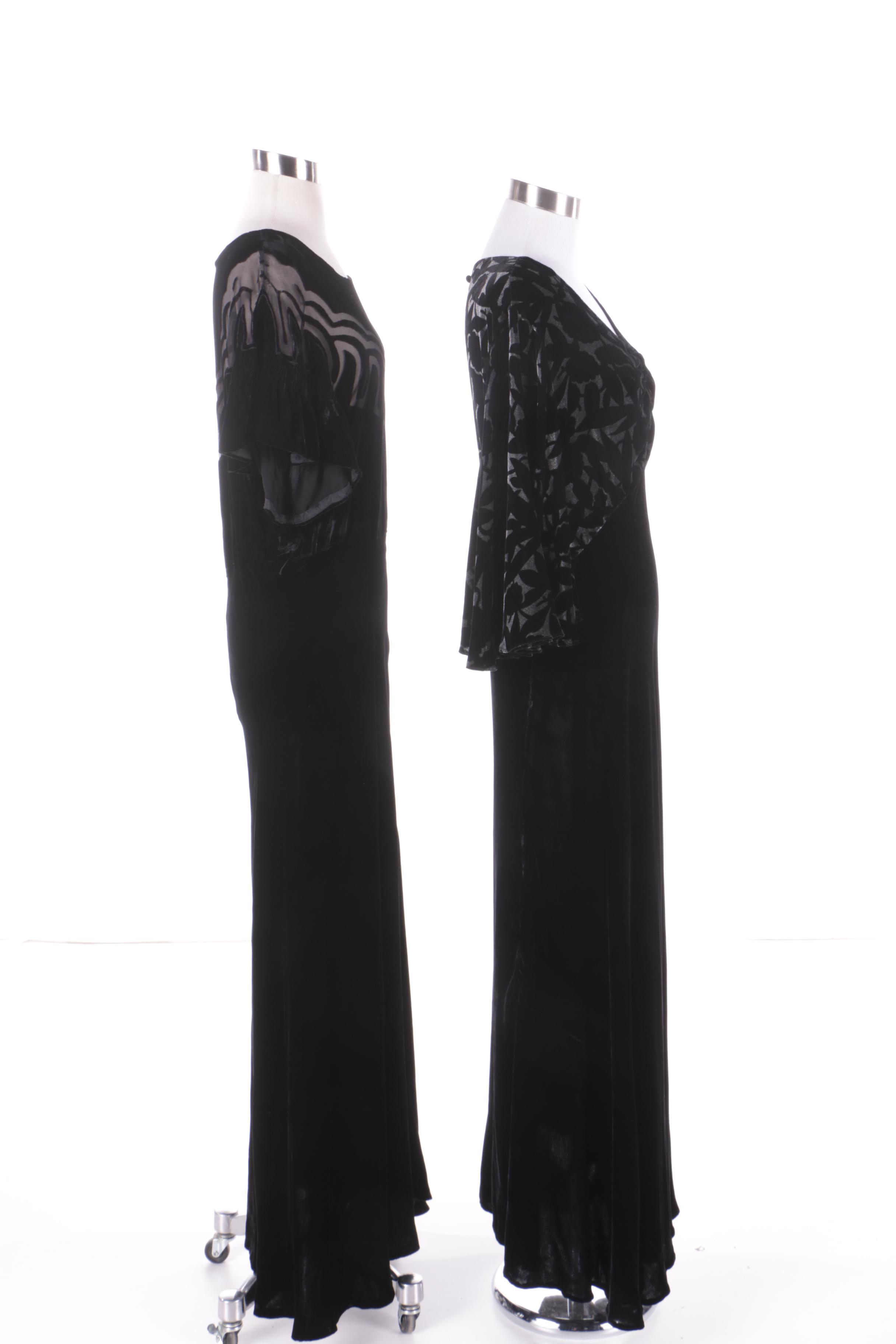 Circa Late 1930s-Early 1940s Vintage Black Velvet Evening Gowns and Jacket