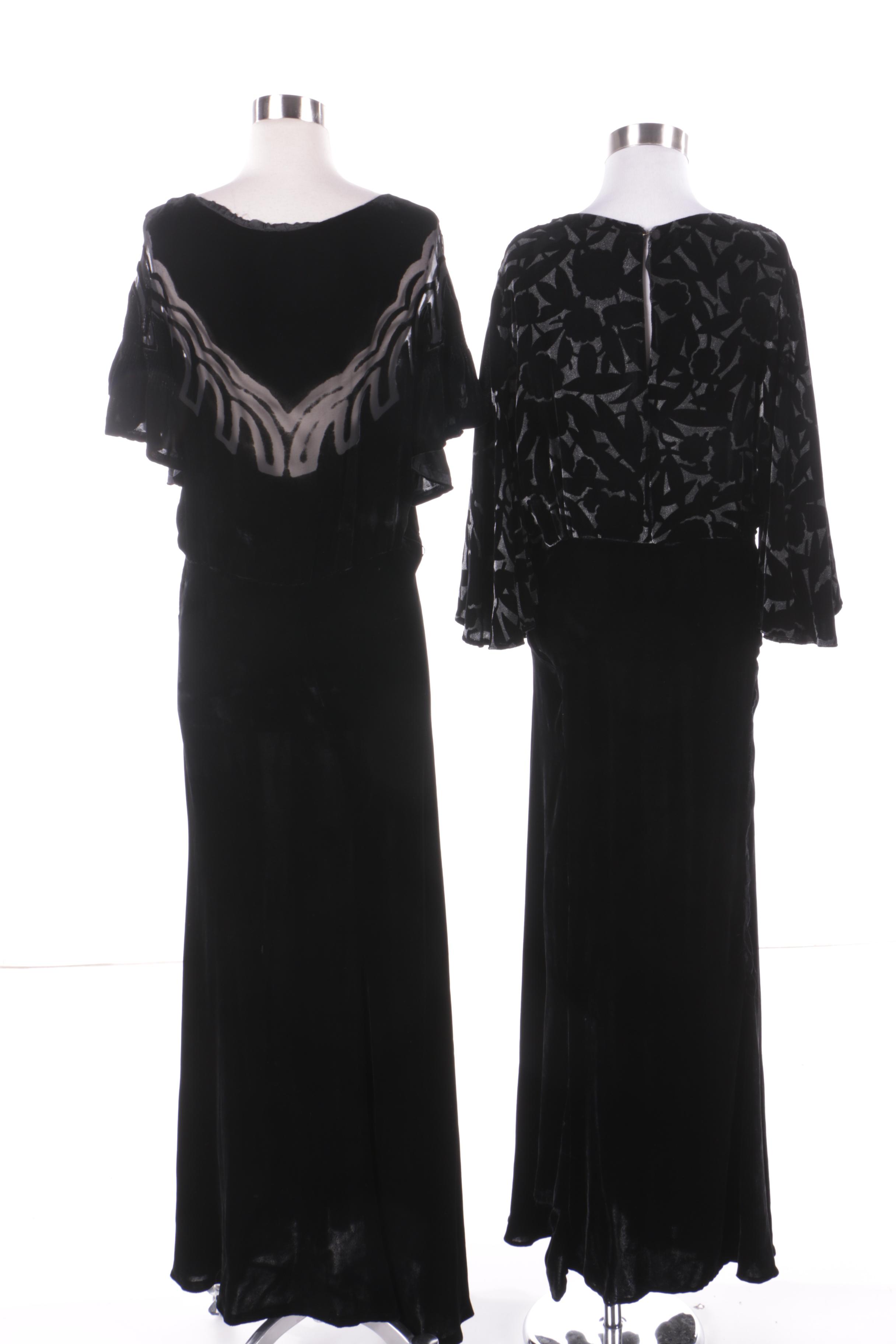 Circa Late 1930s-Early 1940s Vintage Black Velvet Evening Gowns and Jacket