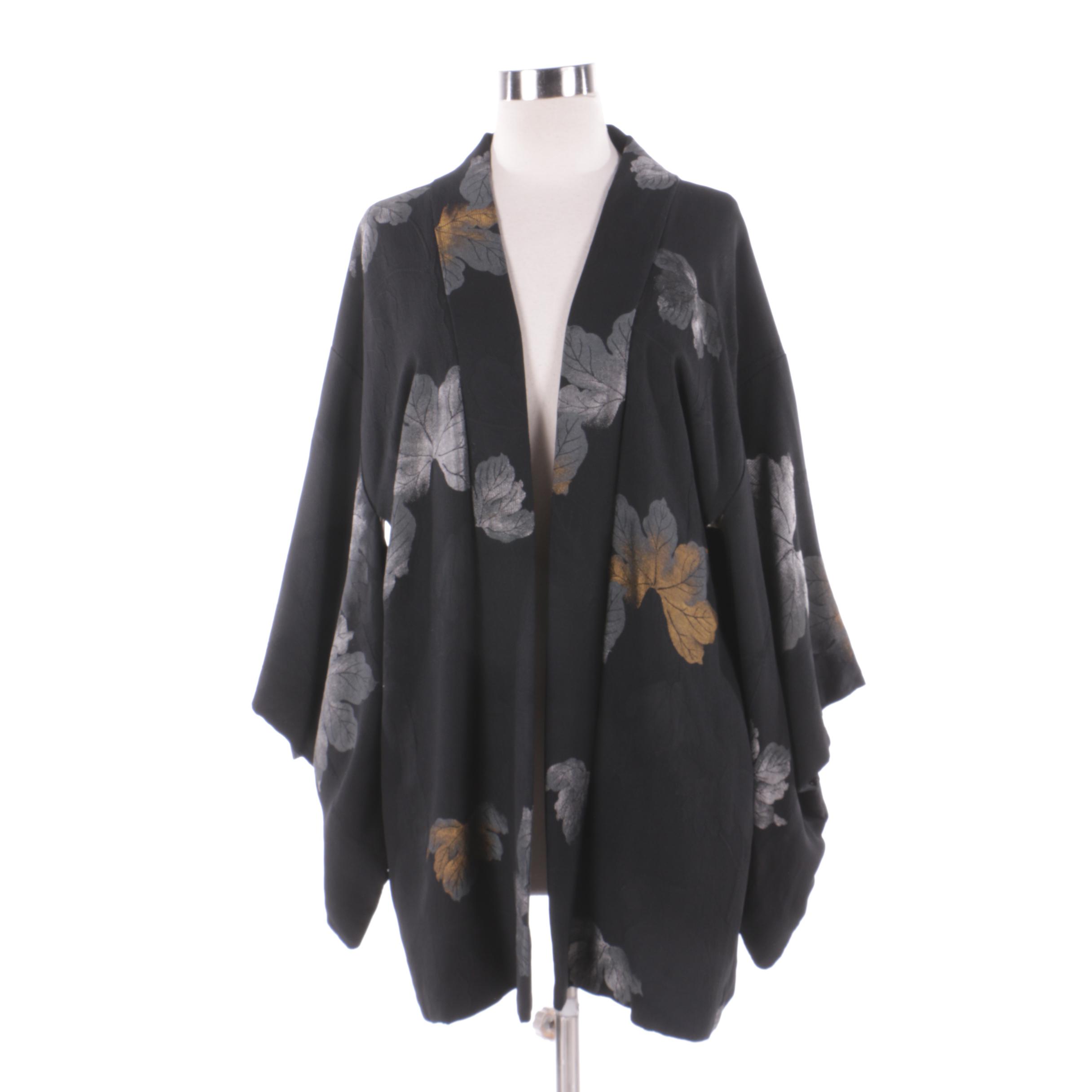 Vintage Japanese Silk Haori Jacket with Maple Leaf Design