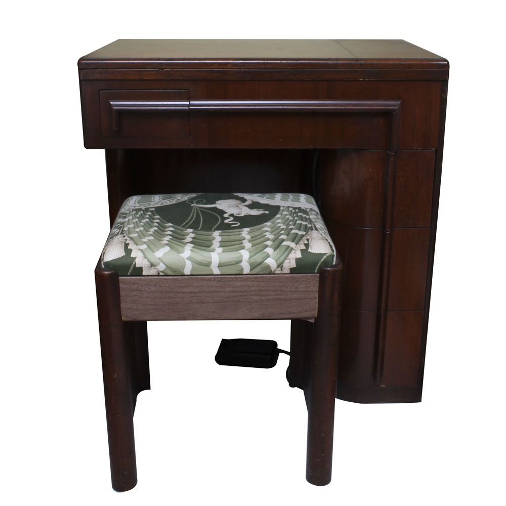 Art Deco Era Sewing Machine Table with a Pink Singer 401 A Machine