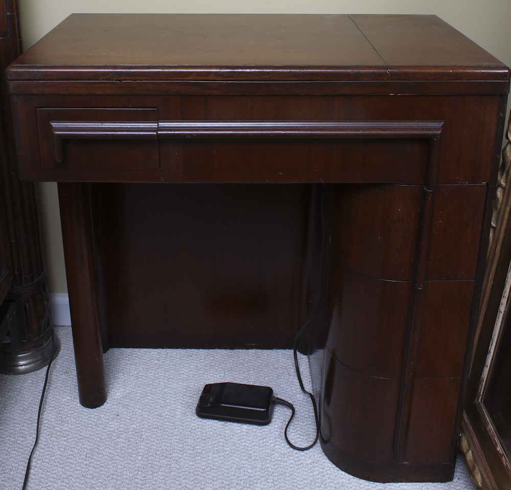 Art Deco Era Sewing Machine Table with a Pink Singer 401 A Machine