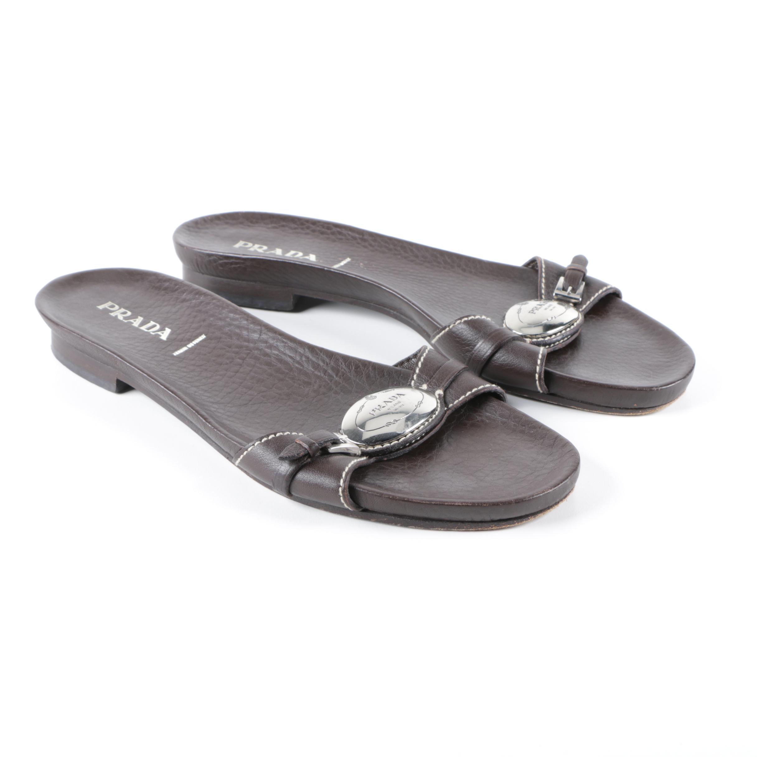 Women's Prada Brown Leather Slide Sandals, Made in Italy
