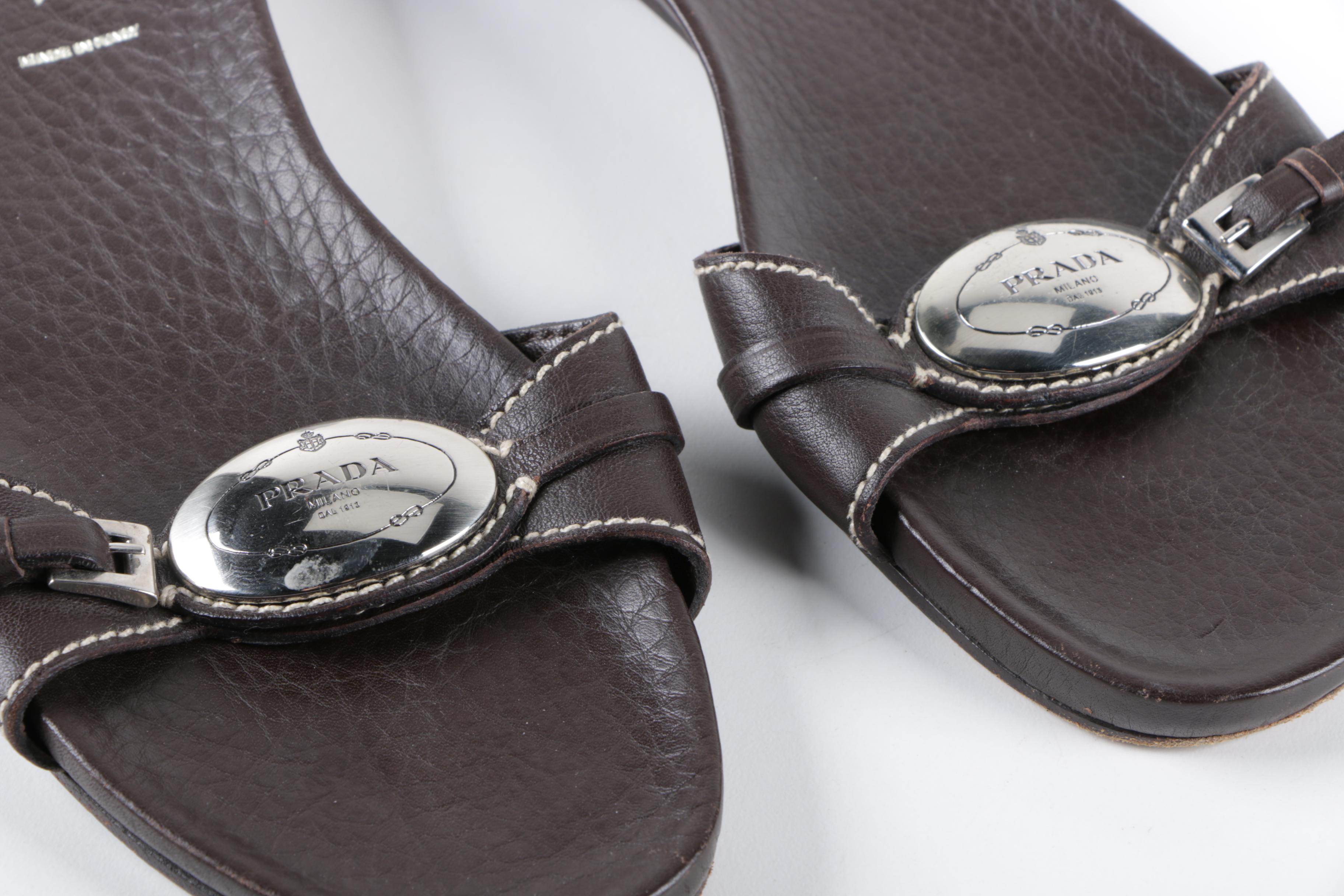 Women's Prada Brown Leather Slide Sandals, Made in Italy