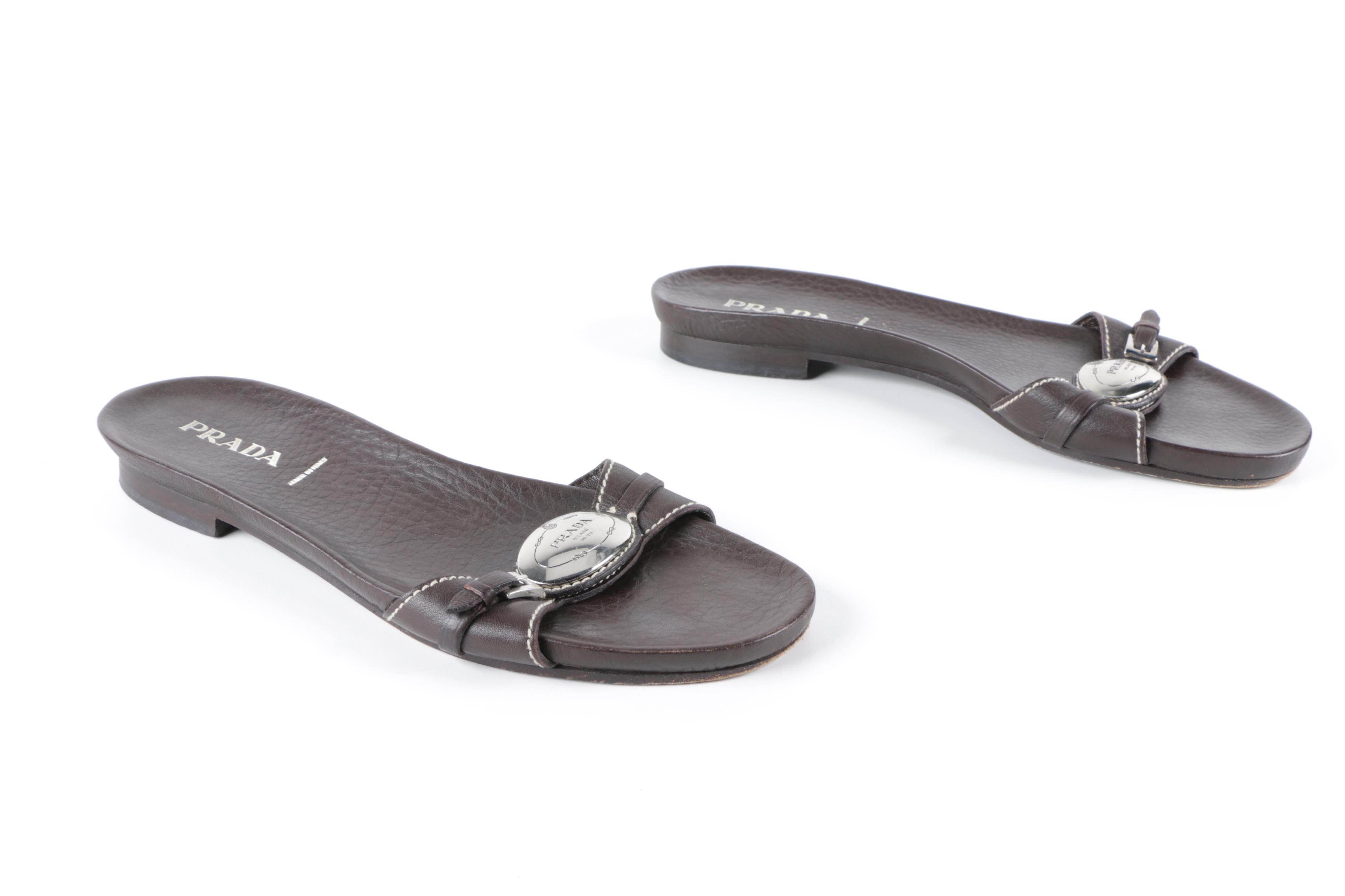 Women's Prada Brown Leather Slide Sandals, Made in Italy