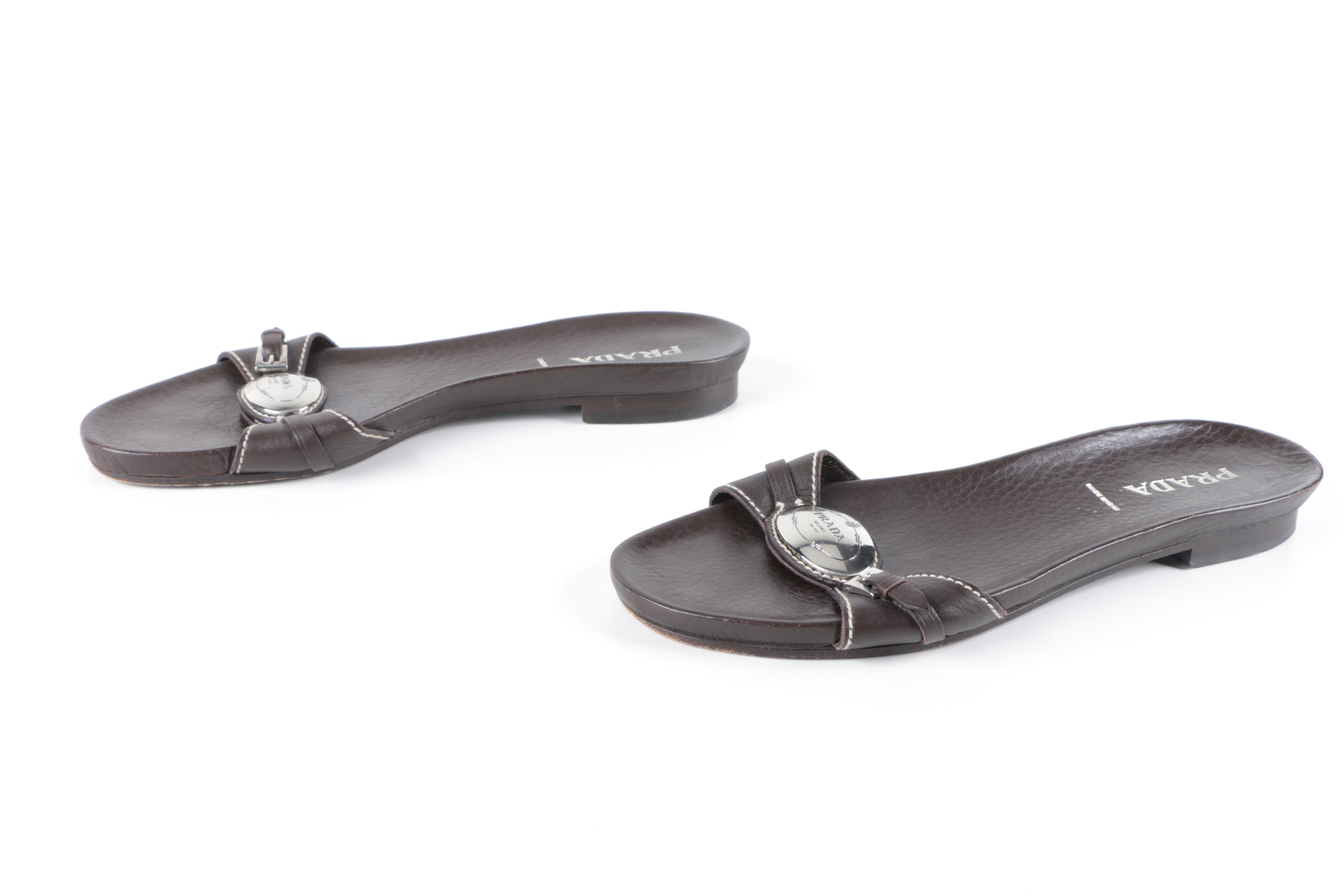 Women's Prada Brown Leather Slide Sandals, Made in Italy