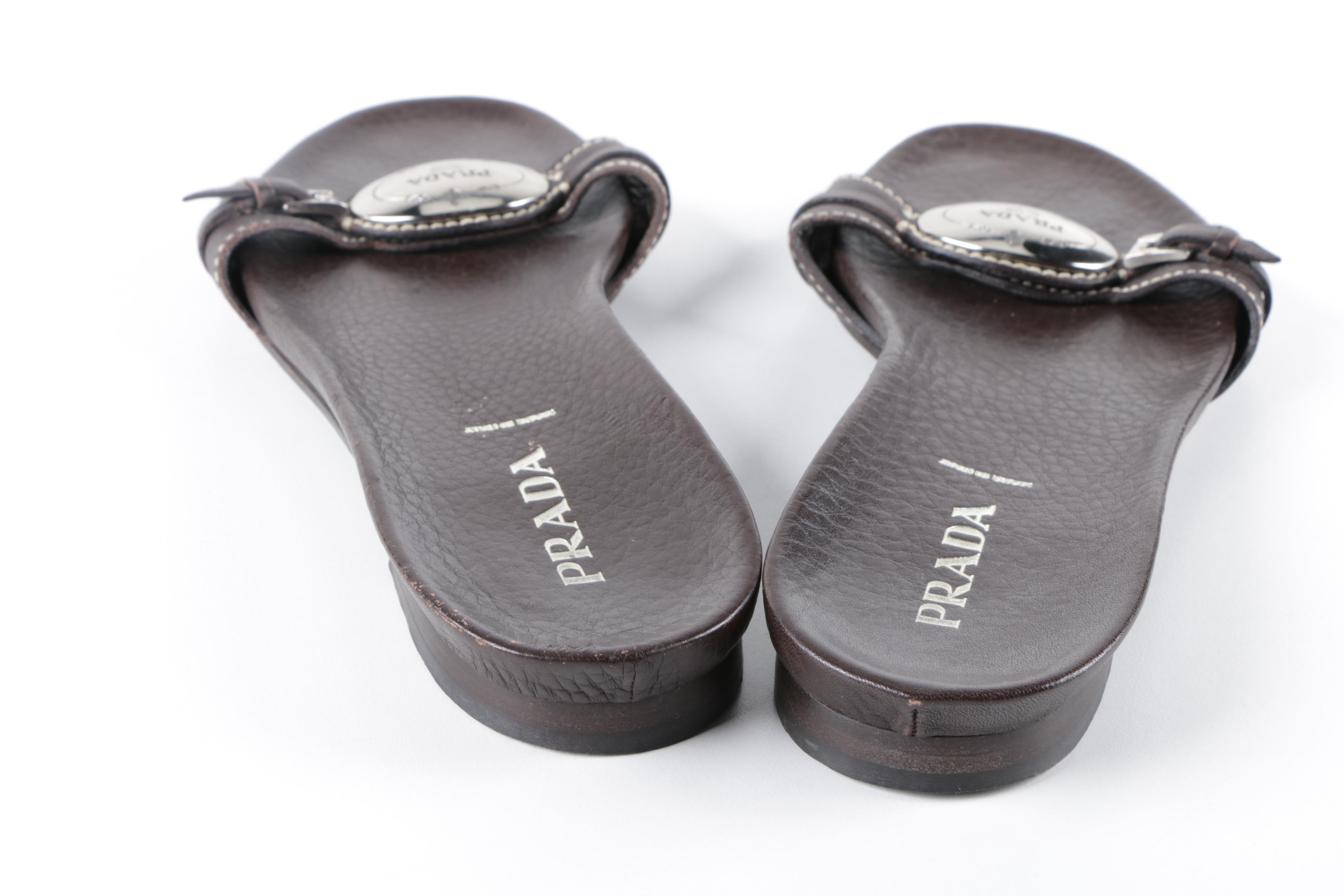 Women's Prada Brown Leather Slide Sandals, Made in Italy