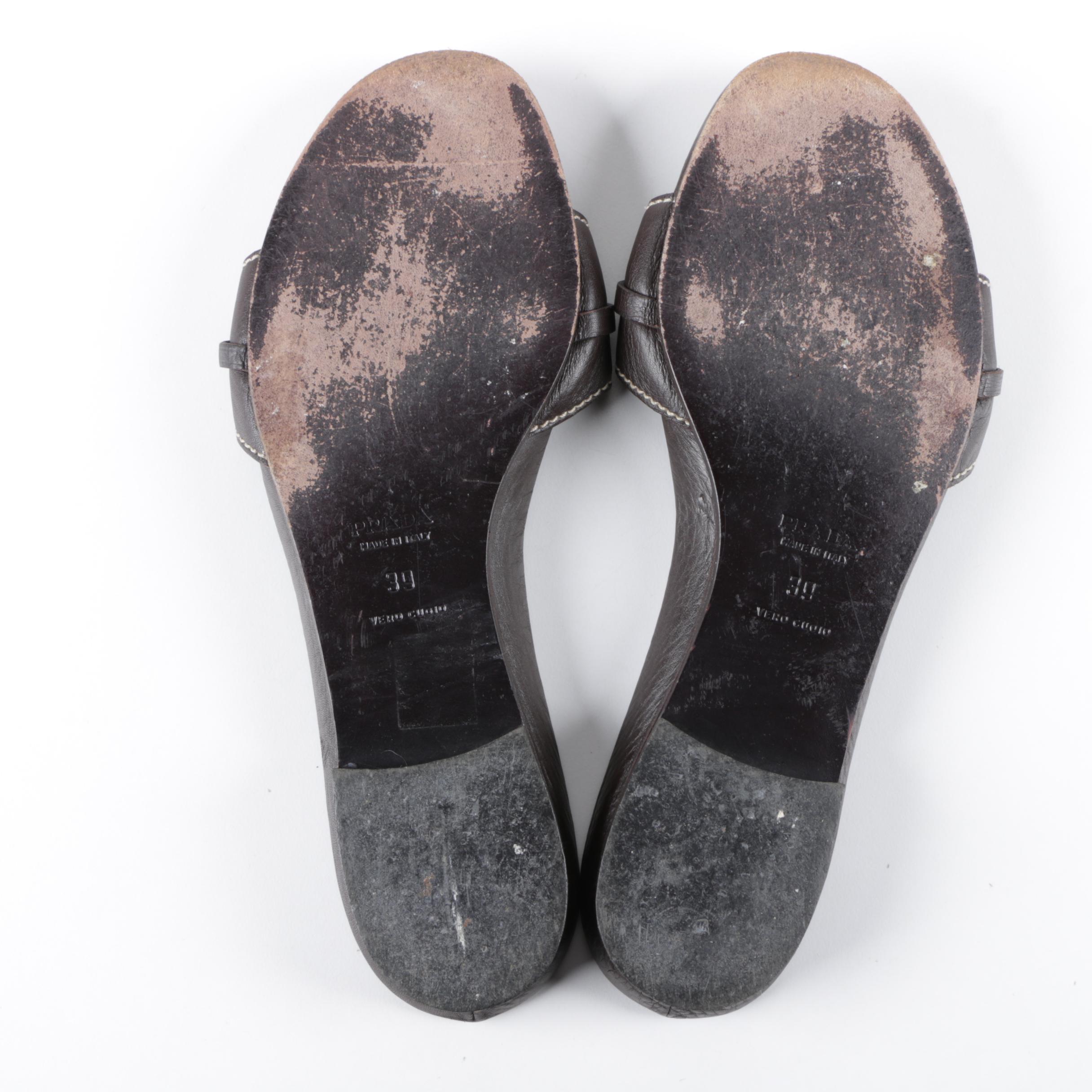 Women's Prada Brown Leather Slide Sandals, Made in Italy